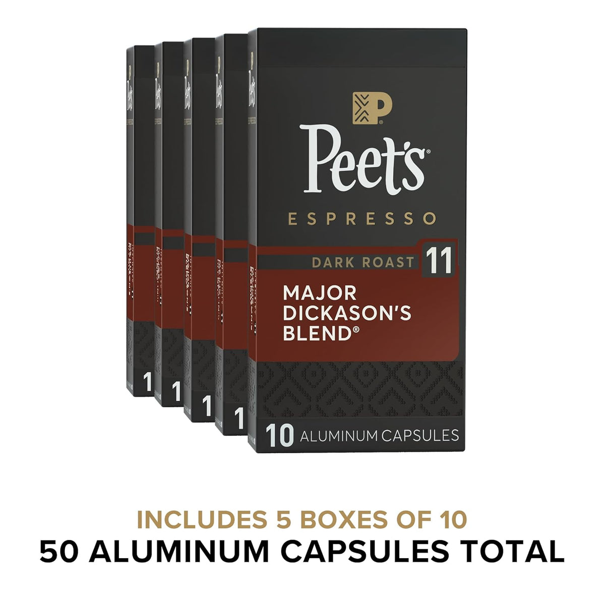 Peet's Coffee, Dark Roast Espresso Capsules, Compatible with Nespresso Original Machines - Major Dickason's Blend Intensity 11, 50 Count (5 Boxes of 10 Espresso Capsules)