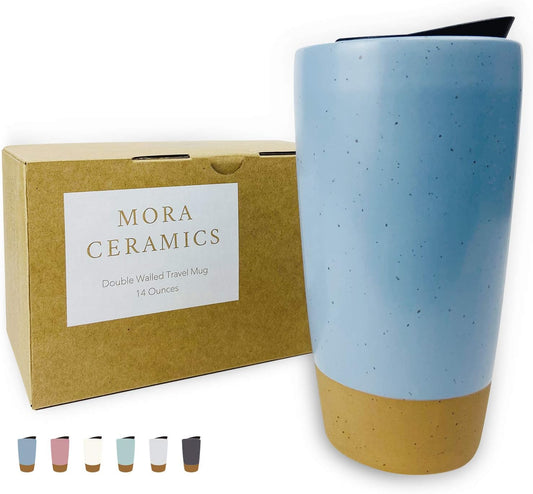 Mora Double Wall Ceramic Coffee Travel Mug with Lid, 14 oz, Portable, Microwave, Dishwasher Safe, Insulated Reusable Tall Cup, Splash Resistant Lid - To Go Tumbler for Car Cup Holder, Dusty Blue