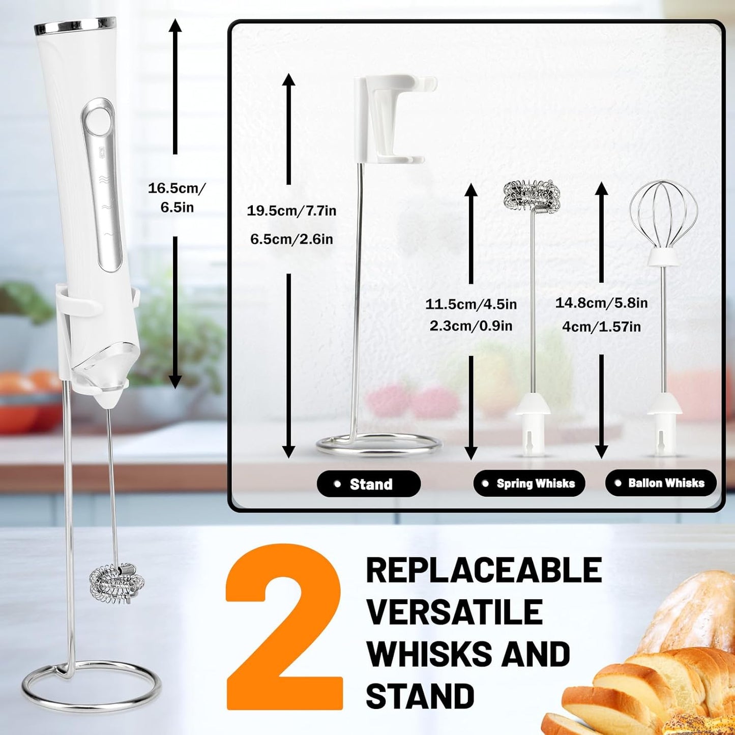 TonJin Milk Frother USB C Rechargeable New Upgraded Handheld Frother Wand with 2 304 Stainless Whisks 1 Stand, 3 Speeds Electric Coffee Whisk Frother for Lattes, Cappuccino, Egg, Matcha, White