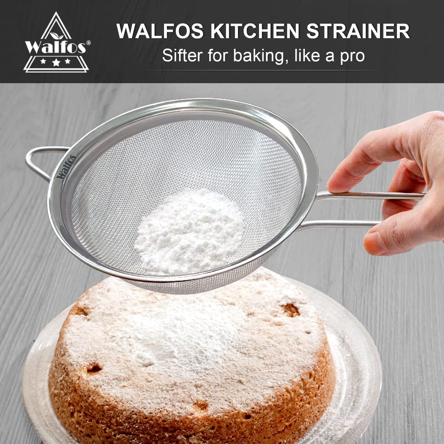 Walfos 4.7 Inch Fine Mesh Strainer, Premium Stainless Steel Colanders and Sifters, with Reinforced Frame and Sturdy Handle, Perfect for Sift, Strain, Drain and Rinse Vegetables, Pastas and Tea