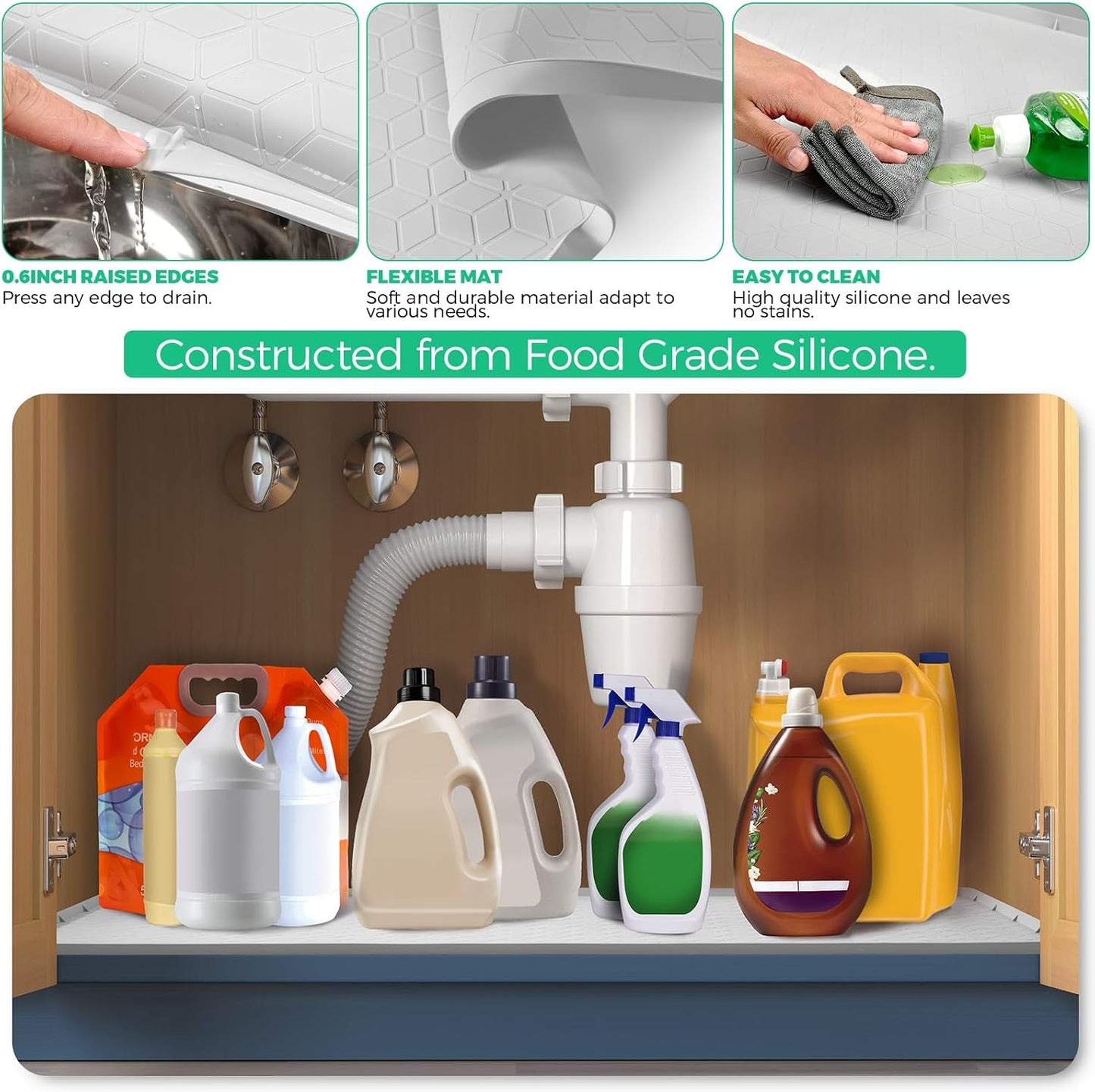 TRZZ Silicone Waterproof Under Sink Mat 22" x 19", Drip Tray and Cabinet Liner for Kitchen and Bathroom, Prevents Water Damage and Organizes Cabinets (Khaki)