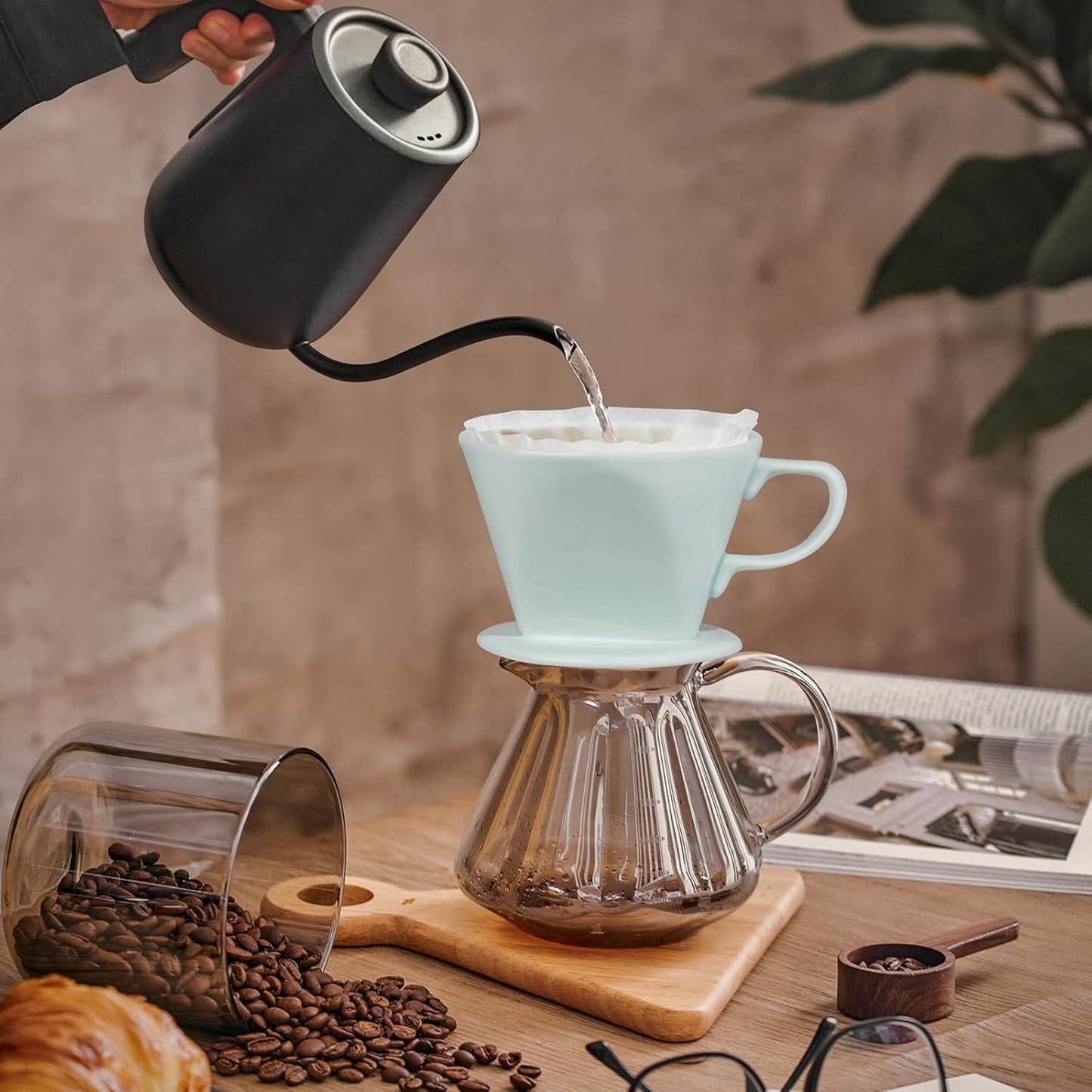 Handmade Pour Over Ceramic Coffee Dripper - Authentic Brewing Experience for Camping, Office, and Home (Green)