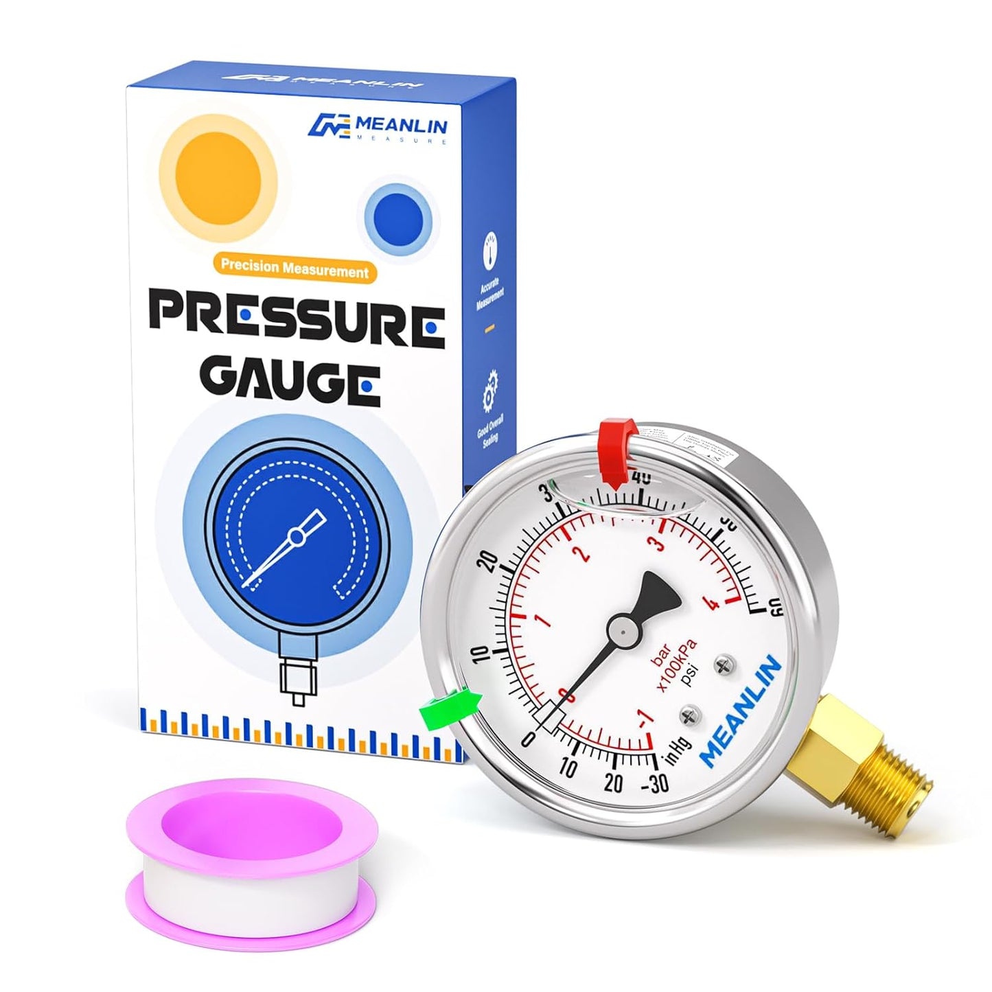 MEANLIN MEASURE -30inHG~60Psi Vacuum Pressure Gauge 1/8" NPT 2.5" FACE DIAL, Stainless Steel Liquid Filled Pressure Gauge WOG Water Oil Air Lower Mount (with 2PCS Snaps)