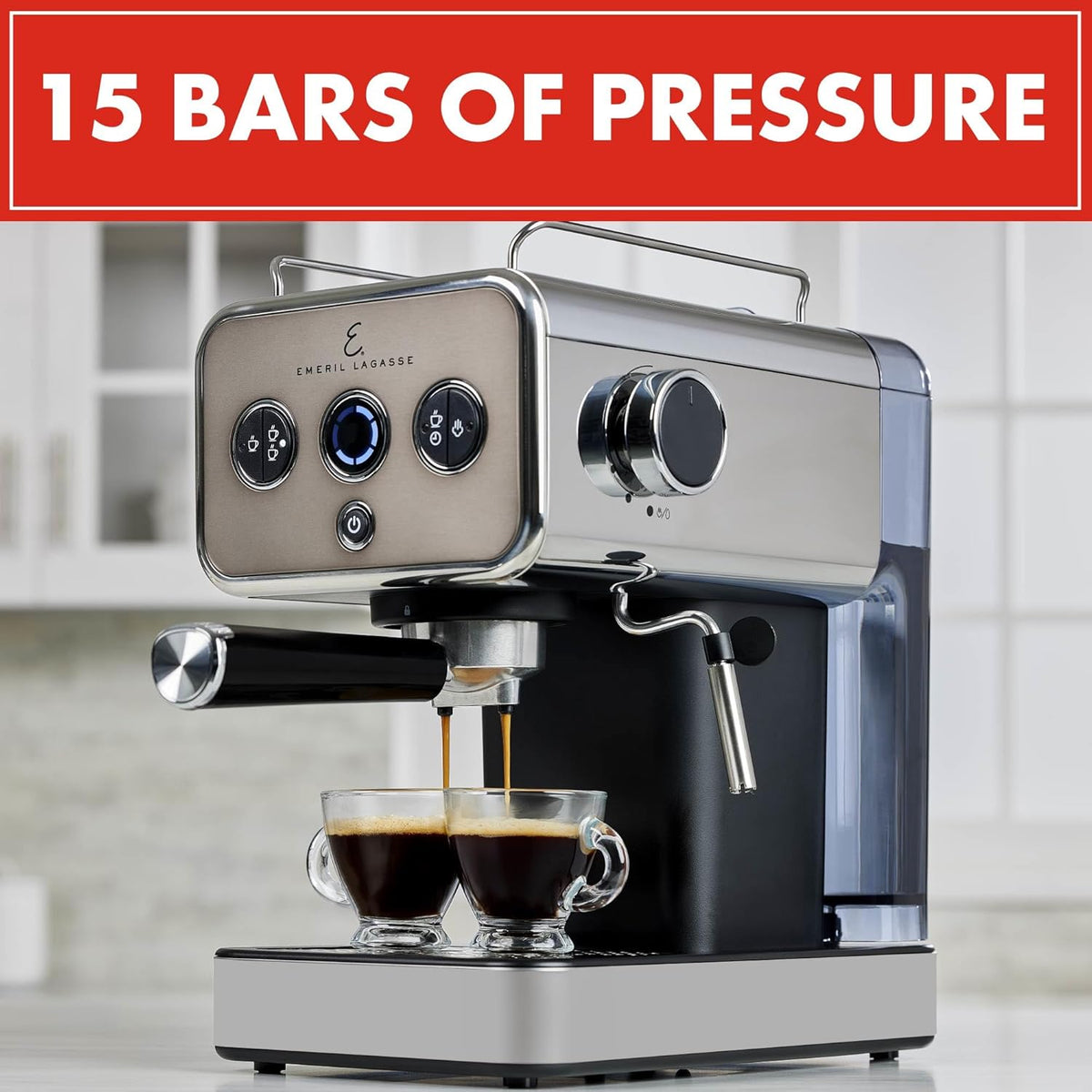 Emeril Lagasse Semi-Automatic 15-Bar Pro Espresso Machine with Milk Frother Steam Wand, Stainless Steel Finish, Double Shot, 37oz Removable Water Tank, Auto Shut-Off, 1350W