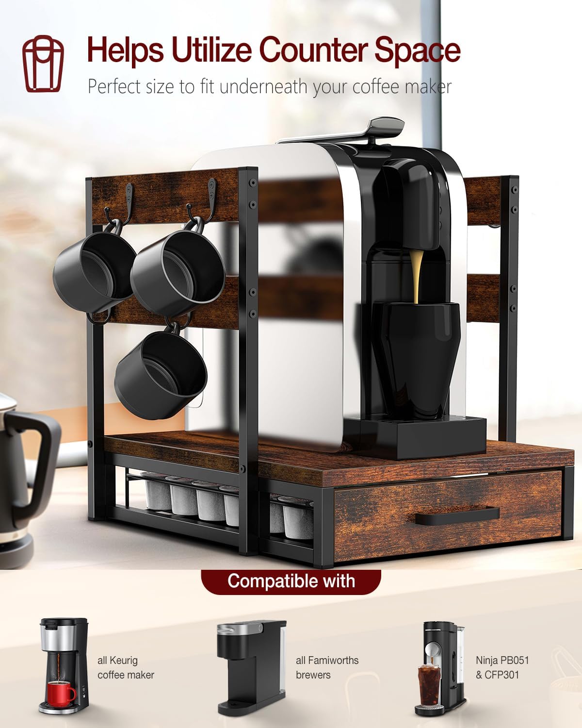 K Cup Holder, 35 Pod Capacity, Coffee Pod Holder Compatible with Keurig, Coffee Station Organizer for Countertop with Cup Rack, Rustic Brown