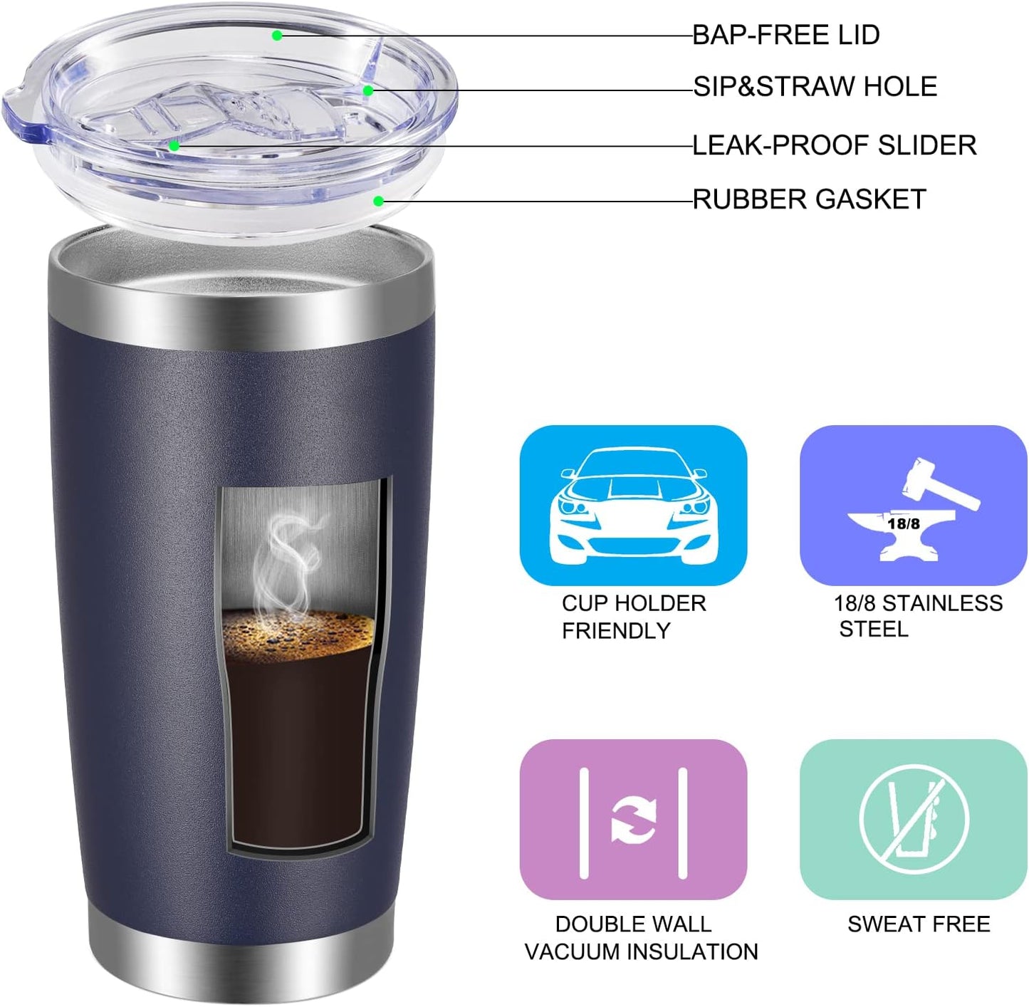 VEGOND 20oz Tumbler with Lid and Straw Stainless Steel Tumbler Cup Vacuum Insulated Double Wall Travel Coffee Mug Powder Coated Coffee Cup(Navy Blue 1 Pack)