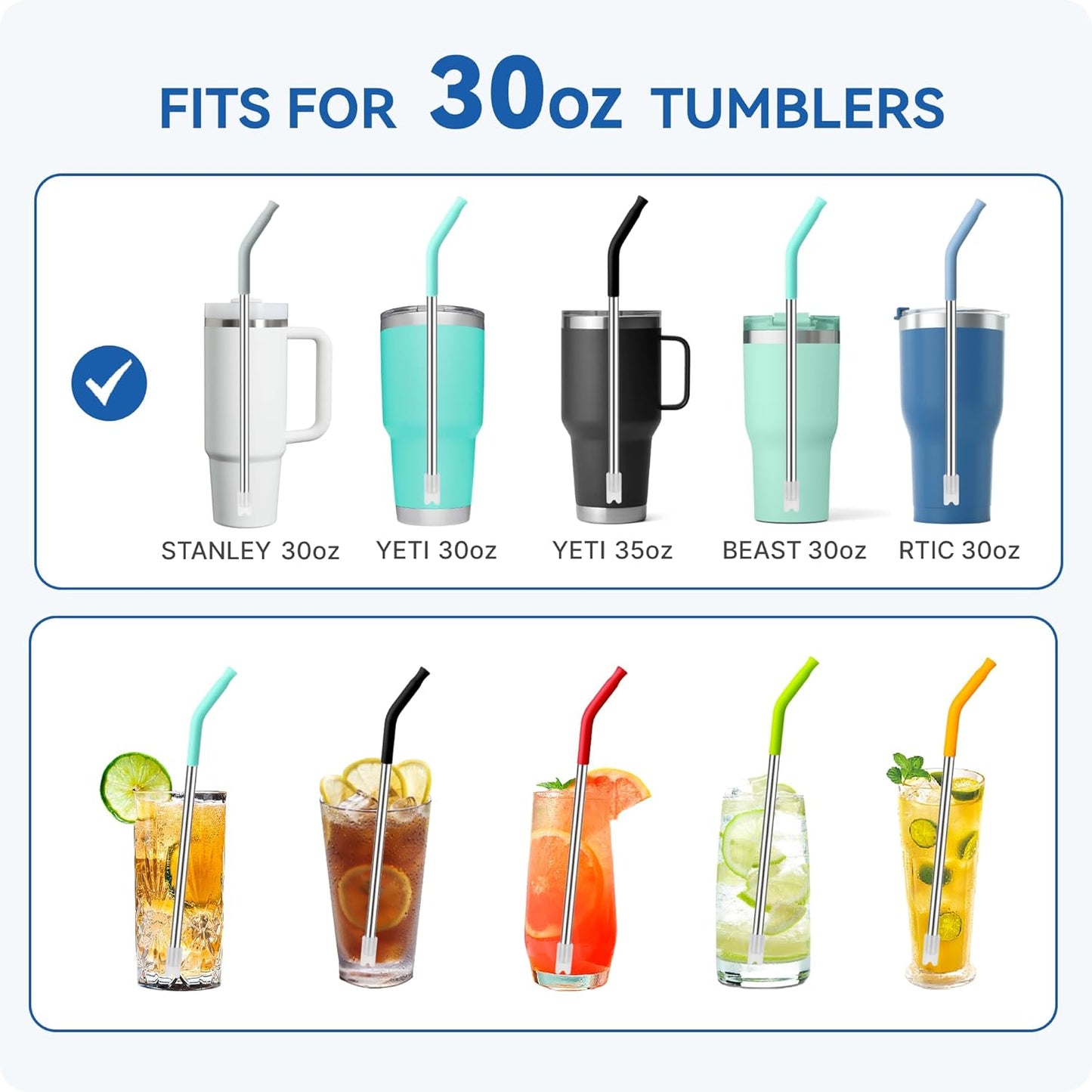Reusable Metal Straws with Silicone Tip for Stanley 30oz,Stainless Steel Drinking Straws for 30oz Tumbler,3 Straight Tubes & 6 Tips& 1 Cleanr Brush (White)