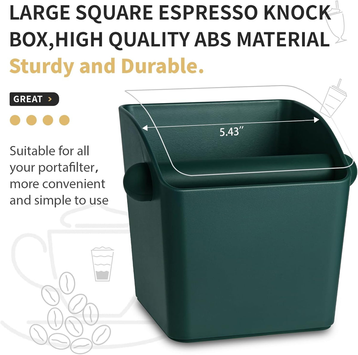 Large Square Knock Box Shock-absorbent Knock Box Espresso with Removable Knock Bar and Non-Slip Base Espresso Accessories for Home/Office (Large Green Knock Box with Tamper Mat)