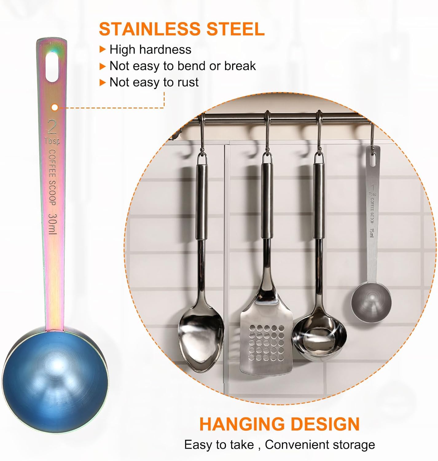 HARFINGTON 2pcs Coffee Scoop Spoon 2tbsp (6tsp, 30ml) 304 Stainless Steel Long Handle Teaspoon/Tablespoon Measuring Spoons Scoops for Tea Sugar Kitchen, Multicolor