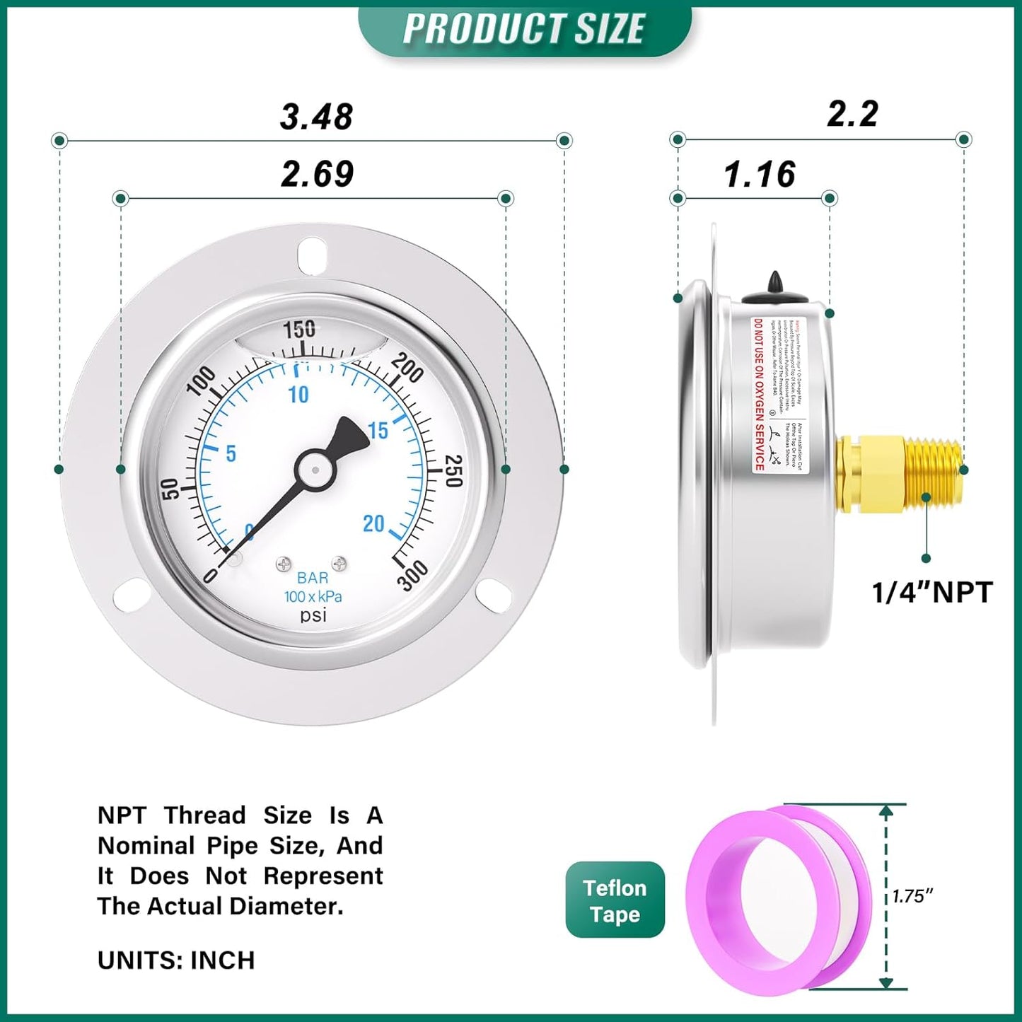 0-300PSI Panel Mount Front Flanged Glycerin Filled Pressure Gauge, 2.5" Dial Size, 1/4" MNPT Back Mount, Stainless Steel Case, with Phillips Screw and Nut, for Water, Gas, Liquid Pressure