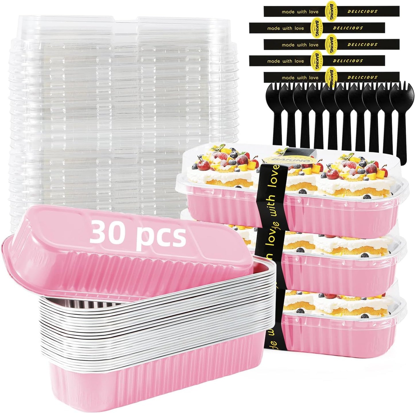 30 Pack Pink Disposable Rectangular Aluminum Foil Loaf Pans with Lids,6.8oz Mini Cake Pans for Baking, Loaf Baking Pans, Small Cake Container