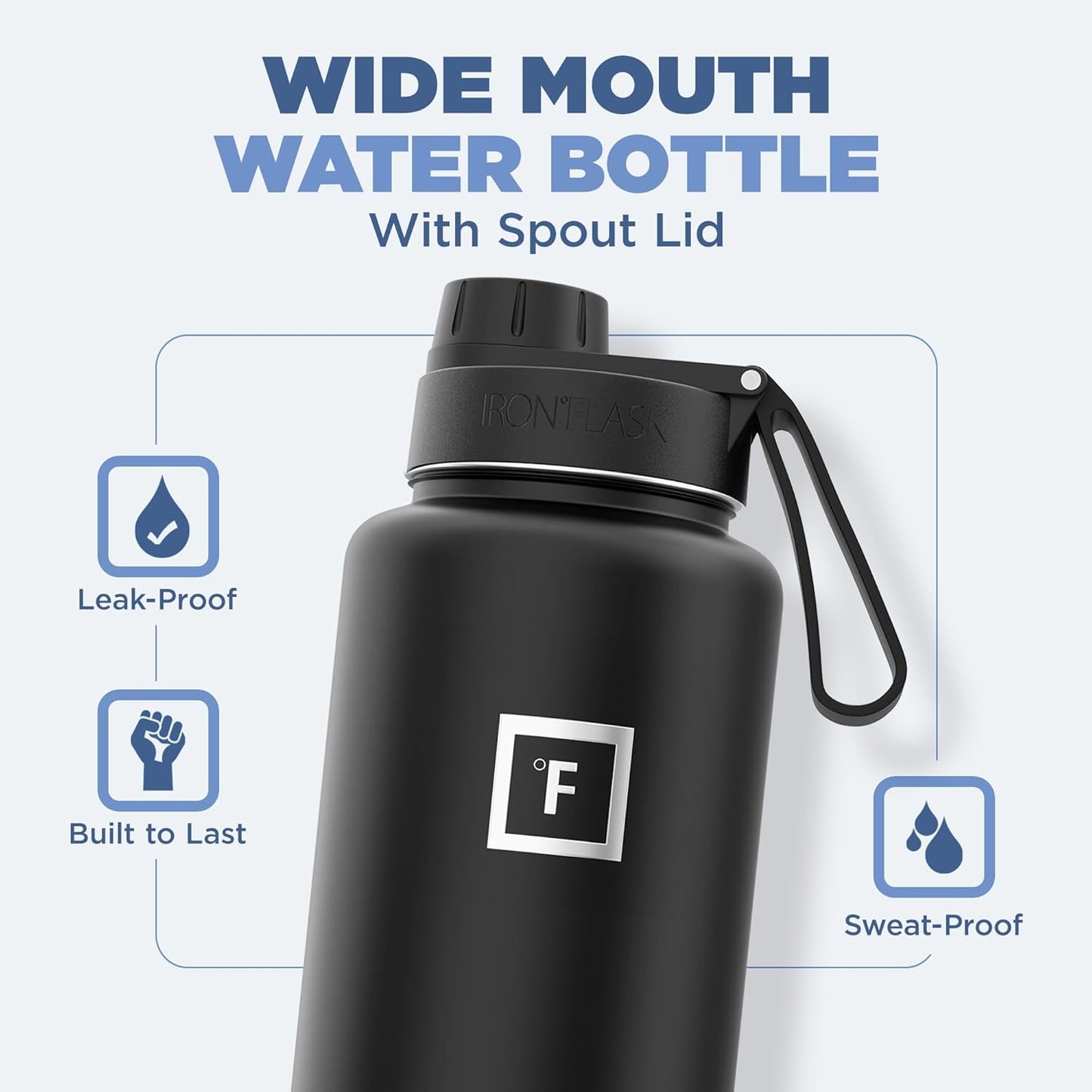 IRON °FLASK Camping & Hiking Hydration Flask with 3 Lids - Stainless Steel, Double Walled & Vacuum Insulated Water Bottle - Leak Proof & BPA Free (Midnight Black, Spout - 40 oz)
