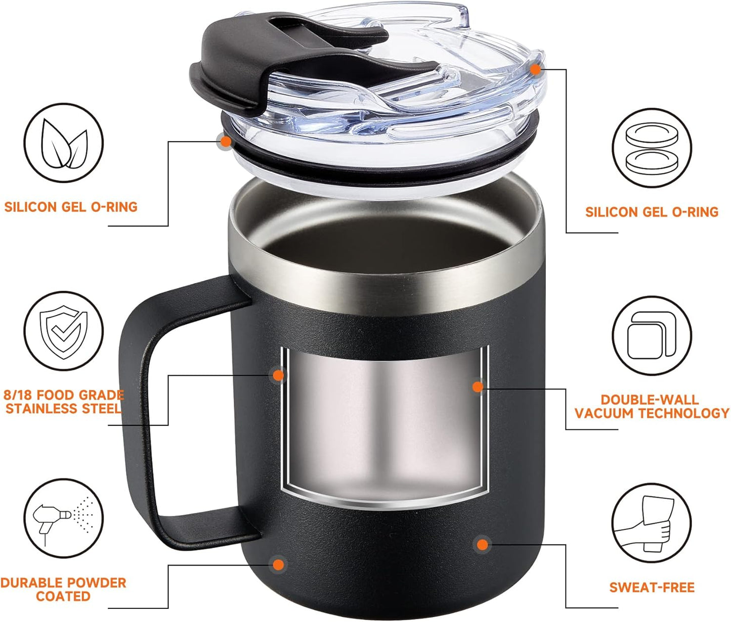 ALOUFEA 12oz Stainless Steel Insulated Coffee Mug with Handle, Double Wall Vacuum Tumbler Cup with Fliping Lid, Black, 2 Pack