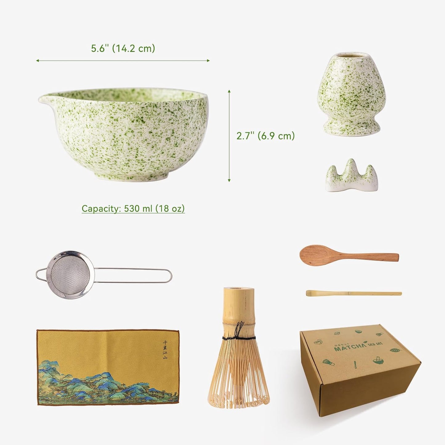 Japanese Matcha Whisk Set,Ceramic Matcha Set Includes Bowl with Spout,Matcha Sifter, Bamboo Whisk and Holder for Matchas Tea,2 Bamboo Scoop, Scoop Rest,Tea Towel -8 Pcs Kit Gift for Matcha Lovers