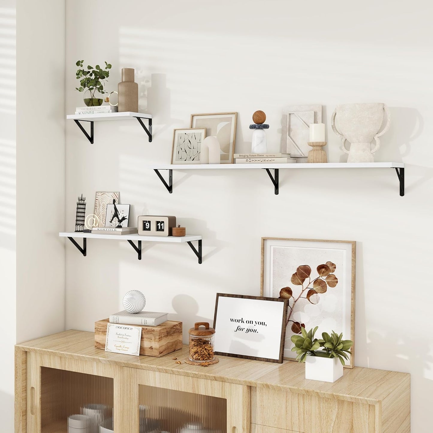 Dreamland Deep Floating Shelves for Wall, 48W x 8D Wall Mounted Shelves Set of 2, Wide Display Ledge Shelf with Sturdy Metal Brackets for Living Room, Bathroom, Bedroom and Kitchen, White
