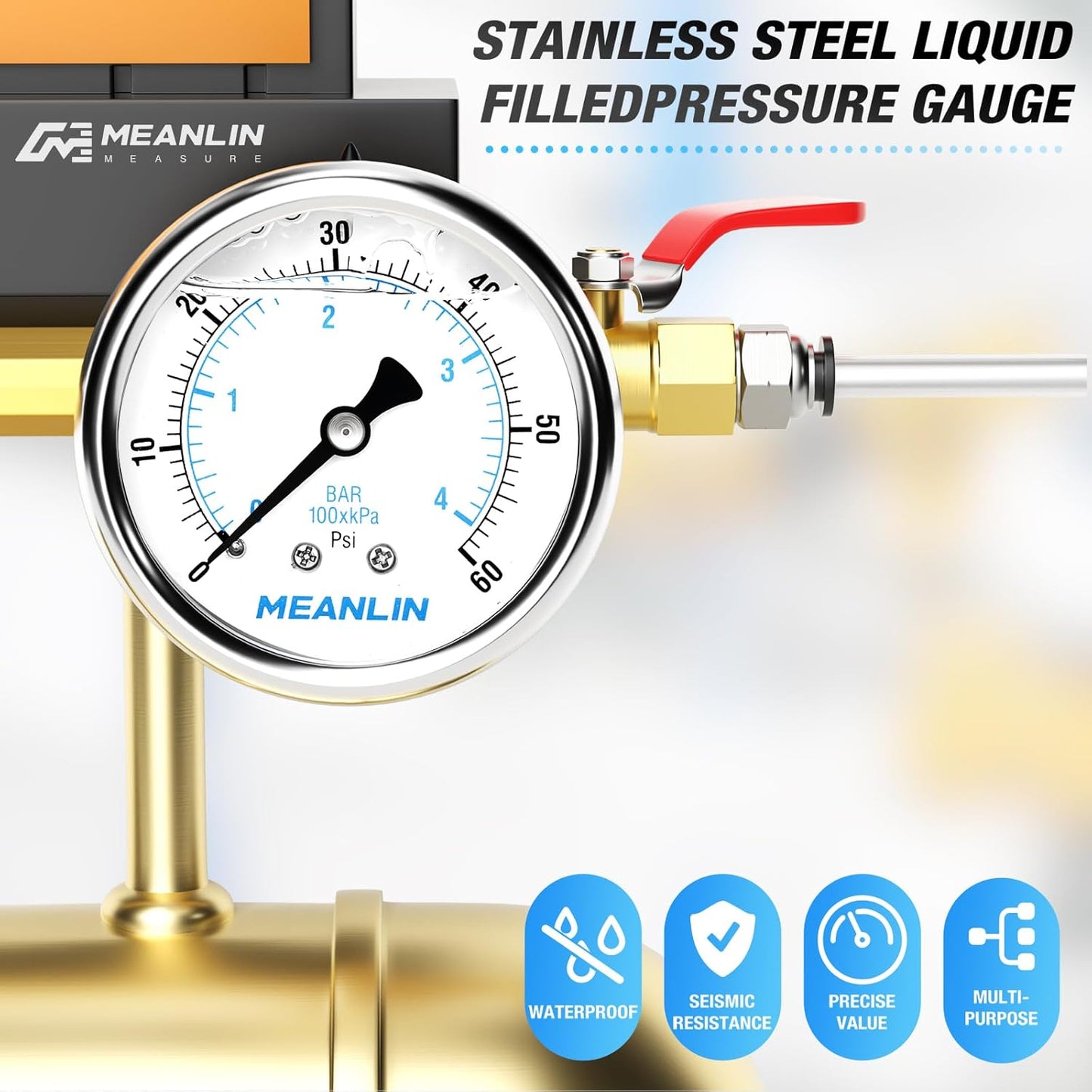 MEANLIN MEASURE 0~60Psi Liquid Filled Pressure Gauge Stainless Steel with 316 Stainless Steel Joint 1/4" NPT 2.5" FACE DIAL for Pool Filter Pump Water Oil Air Compressor Center Back Mount