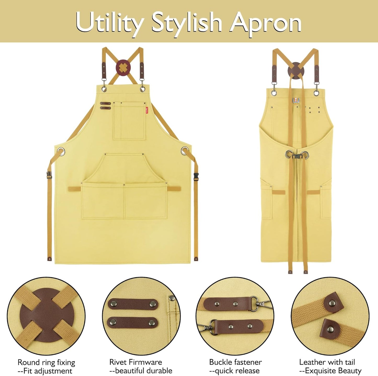 10 Pack Kitchen Apron, Work Apron, Canvas, Multiple Pockets, Gardening, Painting, BBQ, Artist, Carpenter, Sizes M to XXL, Amber