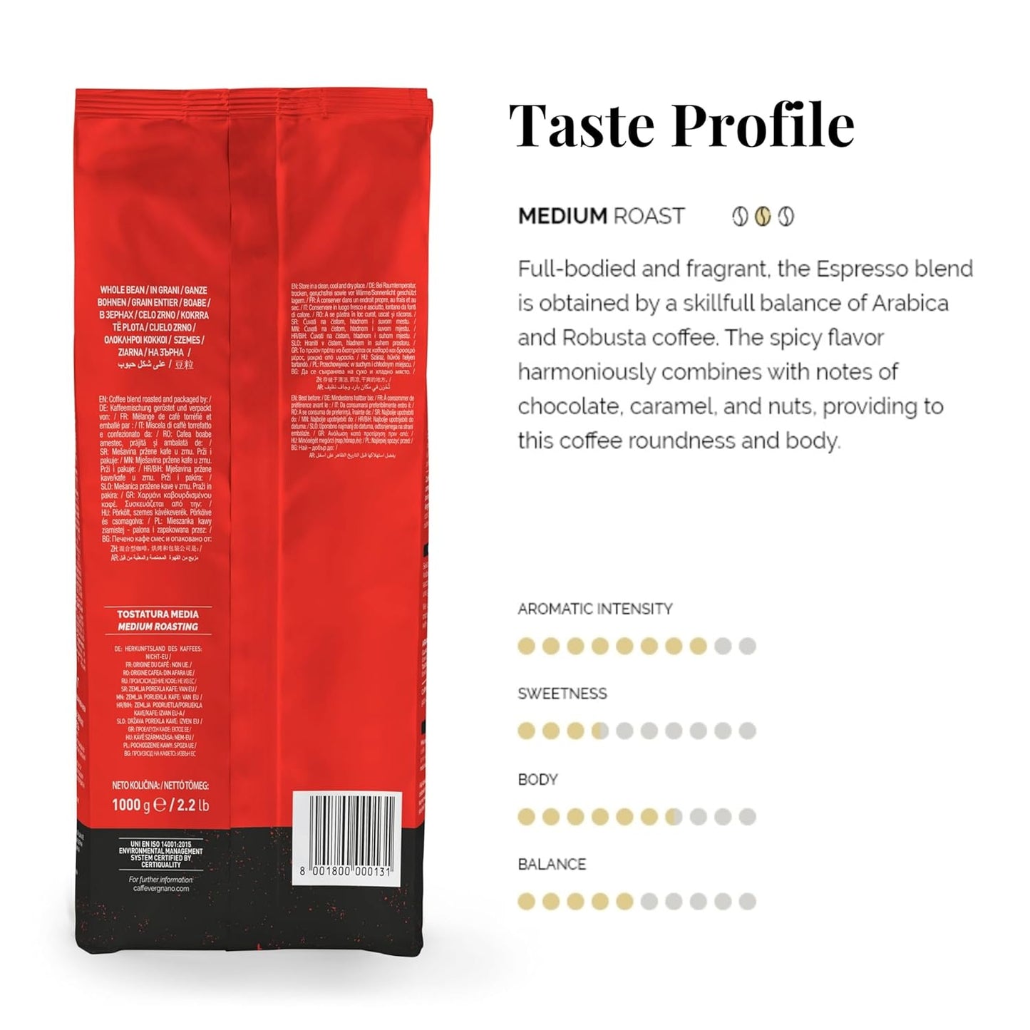 Caffe Vergnano 1882 Espresso Whole Bean Arabica Roast Coffee, 2.2 lb bag - Italian Medium Roast Coffee Beans with notes of Chocolate, Nuts & Caramel, Intensity 7/10-1000g Bag