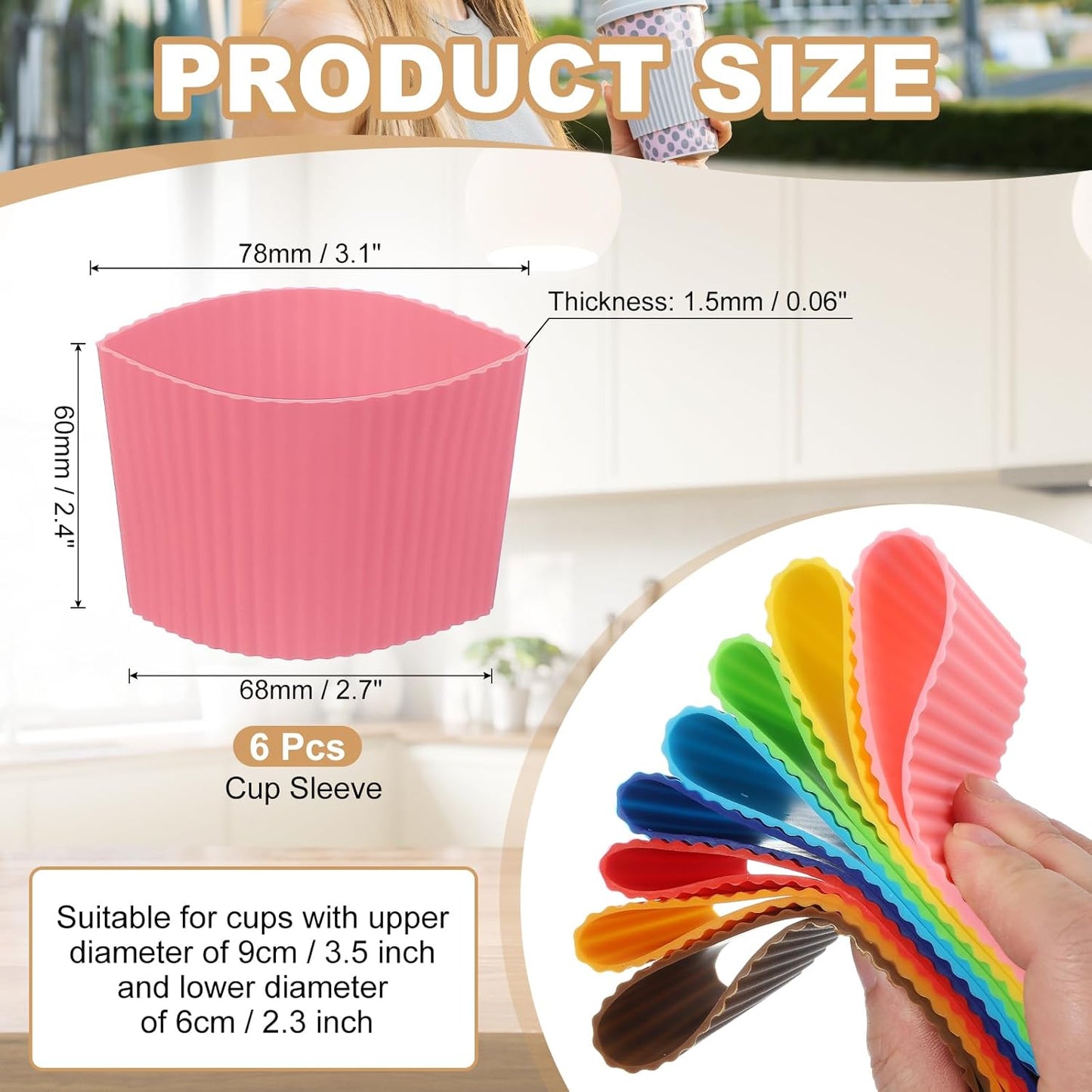 uxcell 6Pack Coffee Cup Sleeves, Reusable Silicone Heat Resistant Cup Protective Sleeve Nonslip Mug Protector Cover for Home Travel Coffee Mug Glasses Water Bottle Boots, Dark Pink