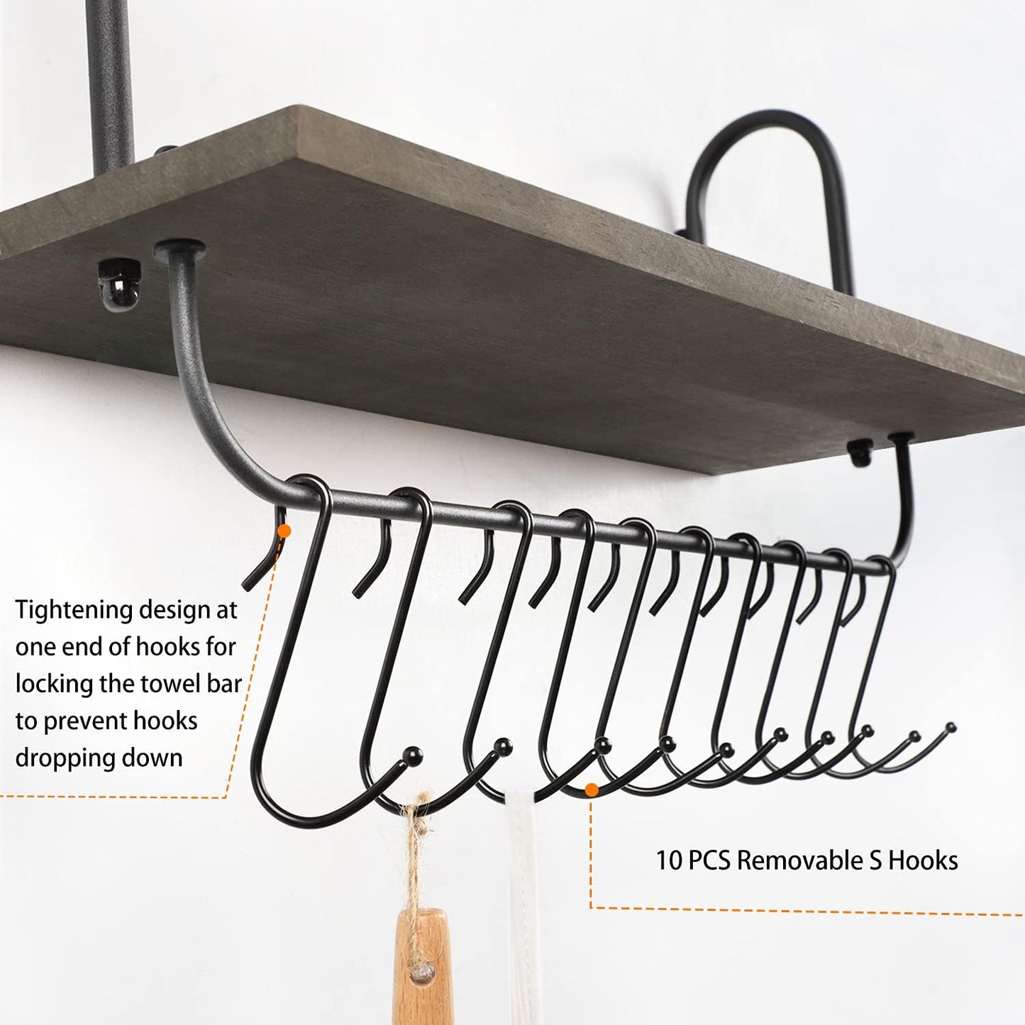 Olakee Floating Wall Shelves for Bathroom Kitchen Coffee Nook with 10 Adjustable Hooks for Mugs Cooking Utensils or Towel Rustic Storage Shelves Set of 2/17x5.9 inch (Weathered Grey)