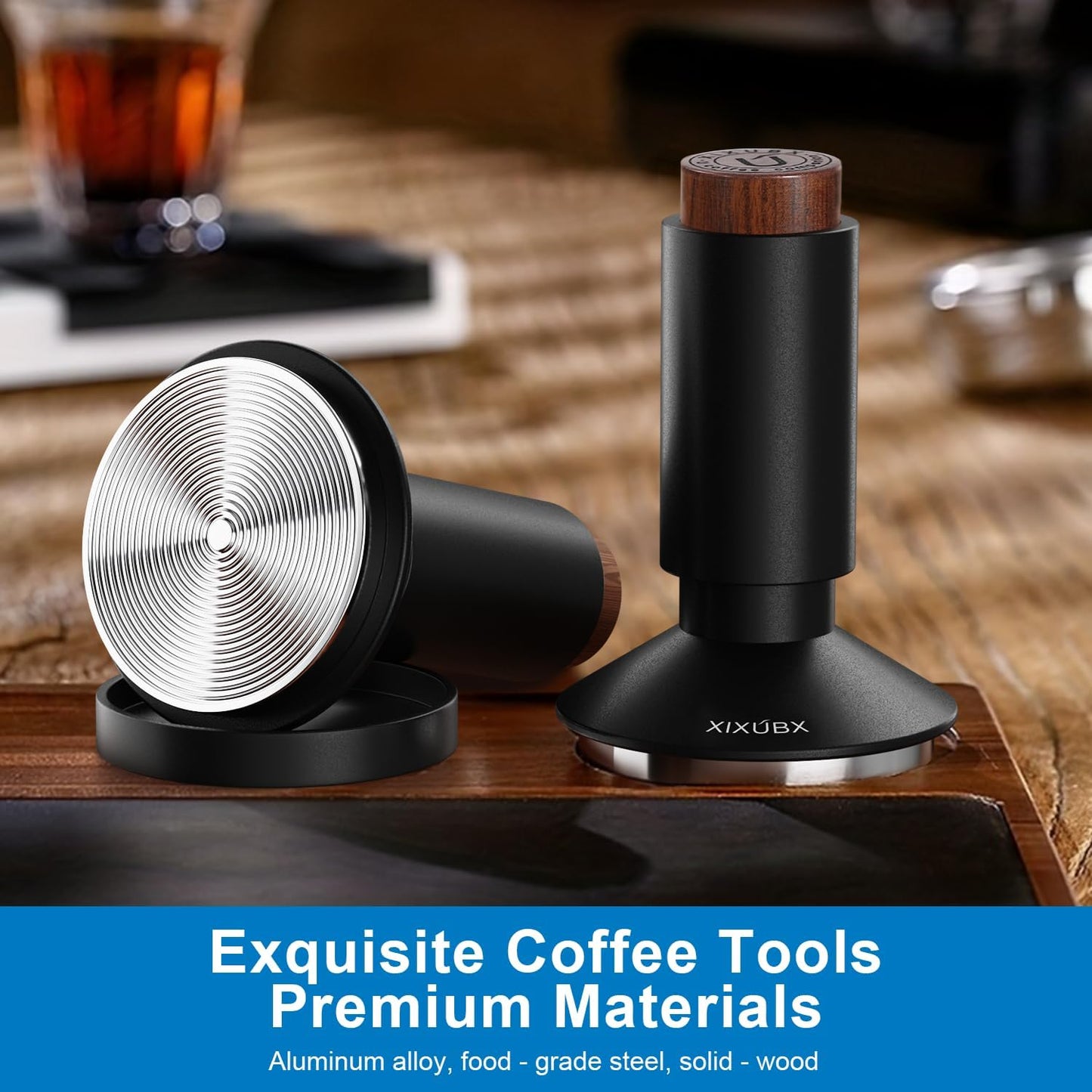 53mm Espresso Tamper & Magnetic WDT Tool, Barista Cofee Tamper with Spring Loaded, Anodized Aluminum Alloy Handle, Stainless Steel Corrugated Base with Cover for Portafilter Basket