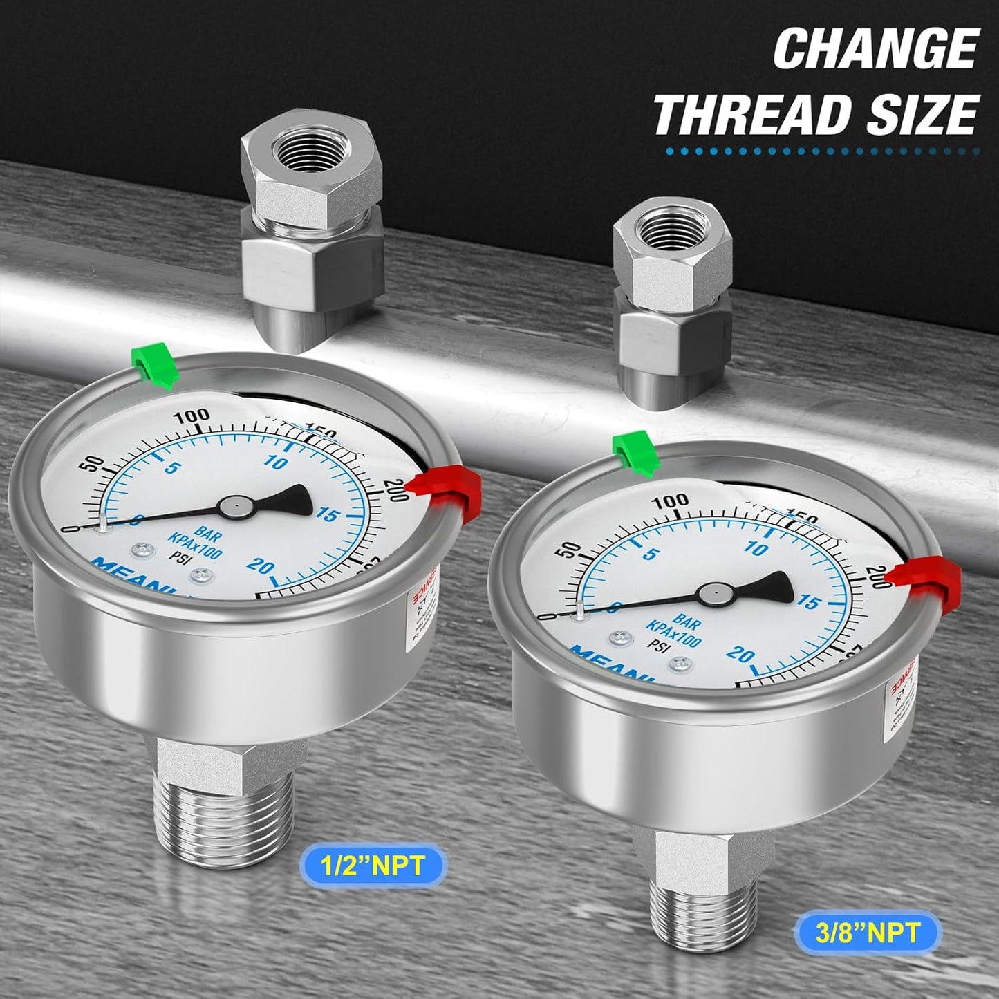 MEANLIN MEASURE 0~300Psi Stainless Steel Liquid Filled Pressure Gauge 2.5" FACE DIAL 1/4" NPT for Air Compressor Air Regulator Water Filter Back Mount with Stainless Steel Hex Bushing and Snaps