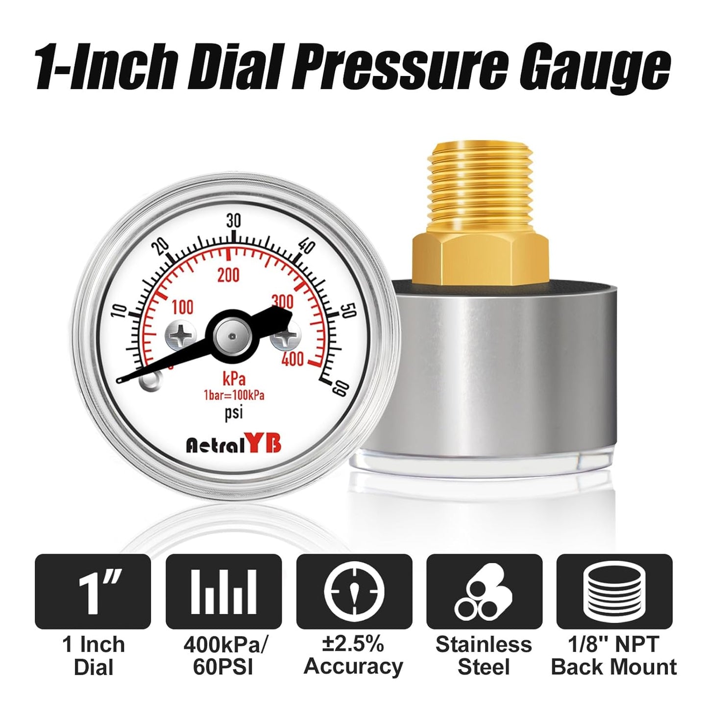 0-60Psi/400Kpa Pressure Gauge, 1 Inch Dial, 1/8" NPT Back Mount, Mini Air Pressure Gauge, 304 Stainless Steel Case, for Water Pumps, Air Compressors Pressure Test