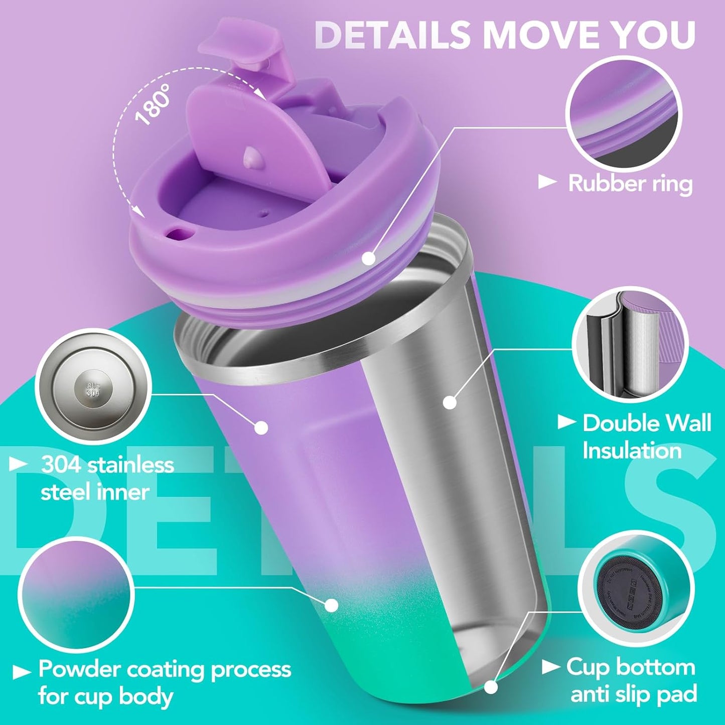 Volhoply 12 oz Double Wall Insulated Vacuum Travel Coffee Mug with Flip Lid Bulk 2 Pack,Reusable Stainless Steel Leak Proof Coffee Cup,Cafe Thermal Tumbler for Cold & Hot Drinks(Purple Green,2 Set)
