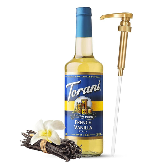 Jimoco® Syrup Pump Dispenser + Torani® Sugar Free French Vanilla Syrup, 25.4 oz - Coffee Syrup Pump & Flavoring Bundle