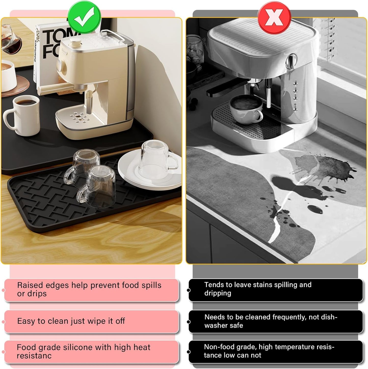 Silicone Coffee Mat - Removable Bar Mat with Concave and Convex Design, Leak-Proof and Non-Slip, Suitable for Use Under the Coffee Machine to Keep the Countertop Clean (Black31.5"x17")