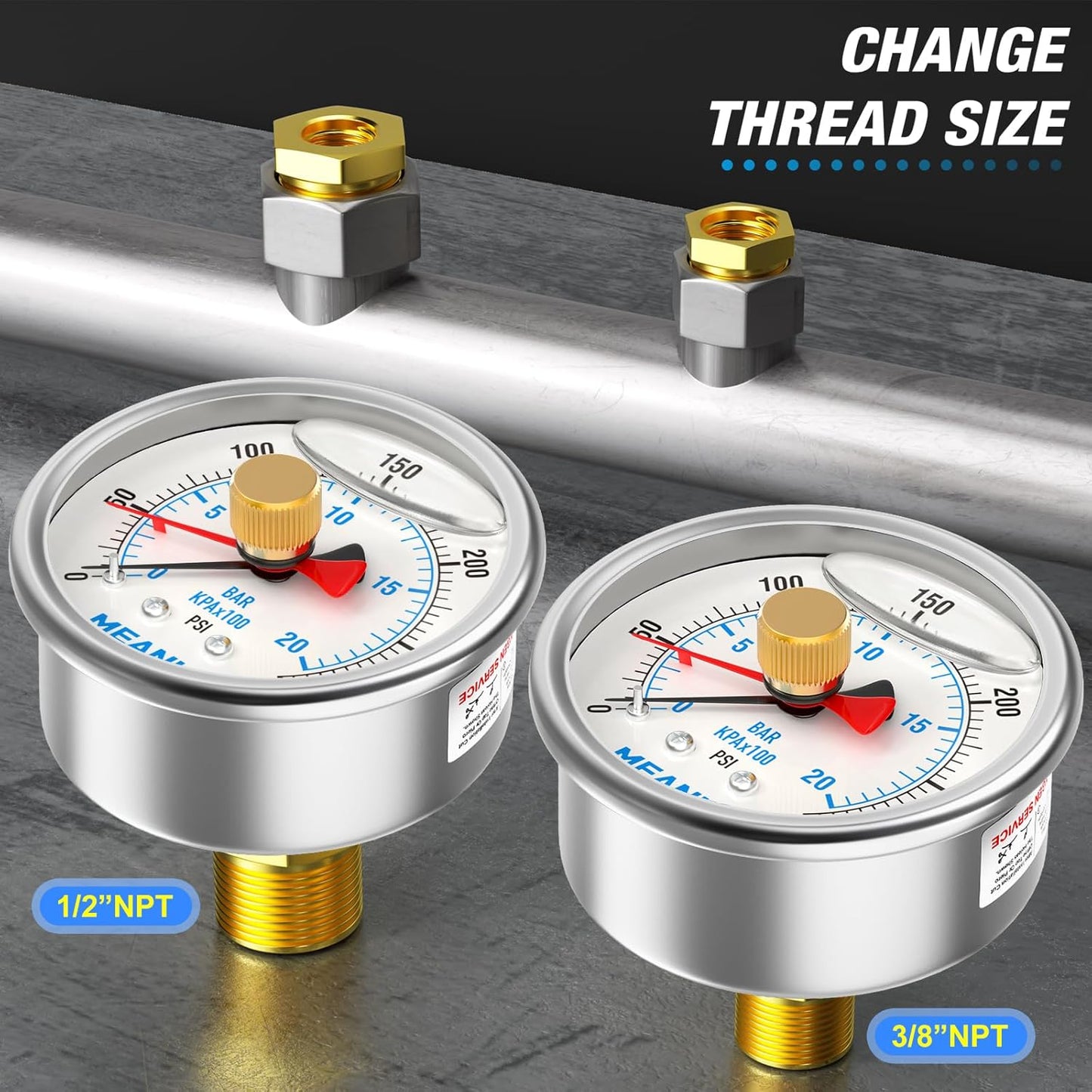 MEANLIN MEASURE 0~300Psi Stainless Steel 1/4" NPT 2.5" FACE DIAL with Reset Pointer Liquid Filled Pressure Gauge WOG Water Oil Air, Back Mount, with Brass Hex Bushing
