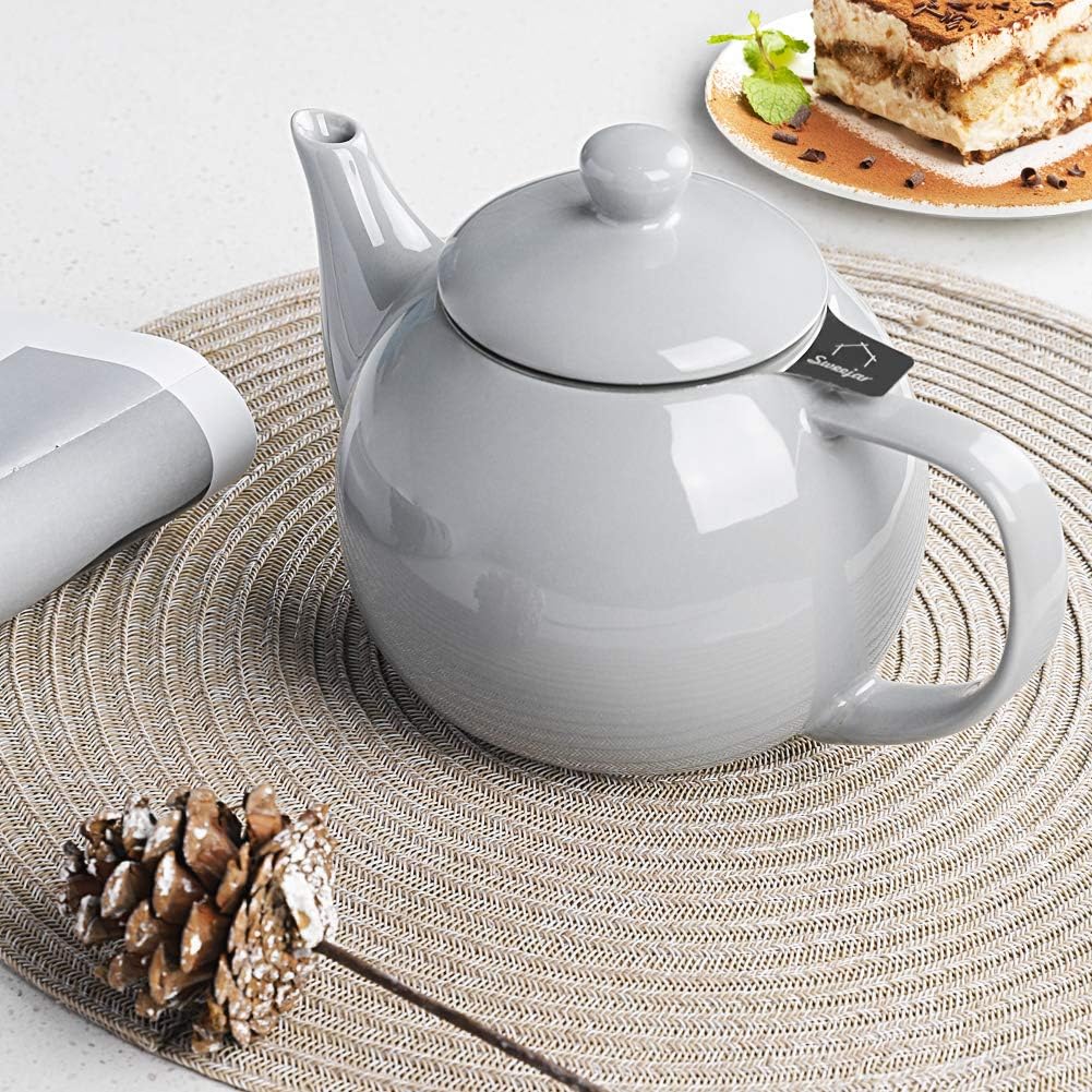 Sweejar Porcelain Teapot with Removable Stainless Steel Infuser,Microwave & Dishwasher Safe Tea Pots for Loose Tea,Tea Infuser Pots for Chrismas Women Gift (30oz Gray)