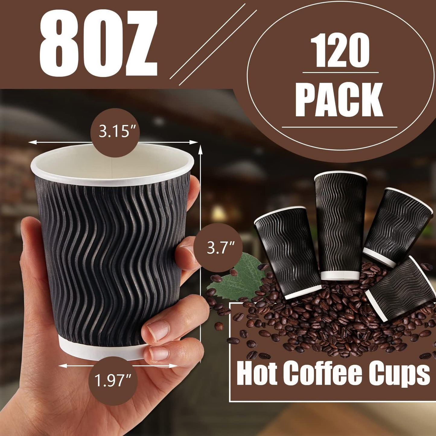 Lamosi 8 oz Disposable Coffee Cups - 120 Pack, Insulated Corrugated Paper Cups, Kraft Ripple Wall Cups for Hot Beverage or Cold Drinks (Black)