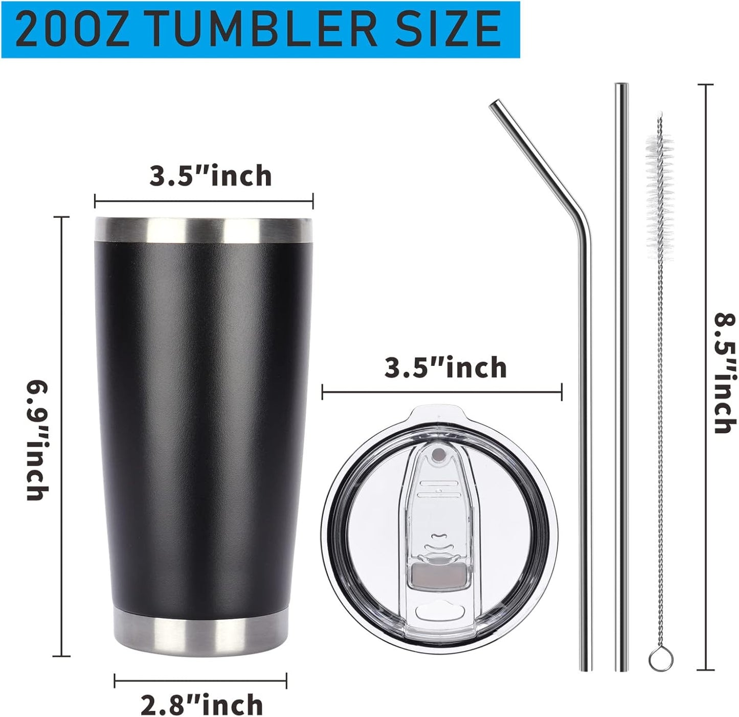 Pandance 20oz Stainless Steel Insulated Tumblers with Lid and Straw Bulk, Double Wall Vacuum Water Cups for Hot & Iced Coffee Drinks Travel Mug (Black, 12 pack)