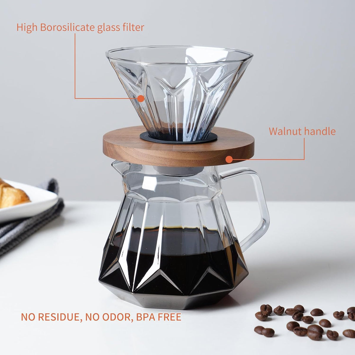 Pour Over Coffee Maker Set, 21 oz/620ml Glass Pour Over Coffee Dripper Filter Coffee Maker Kit Manual Grinder with Walnut Handle for Home Office Cafe Restaurant Camping (Grey)
