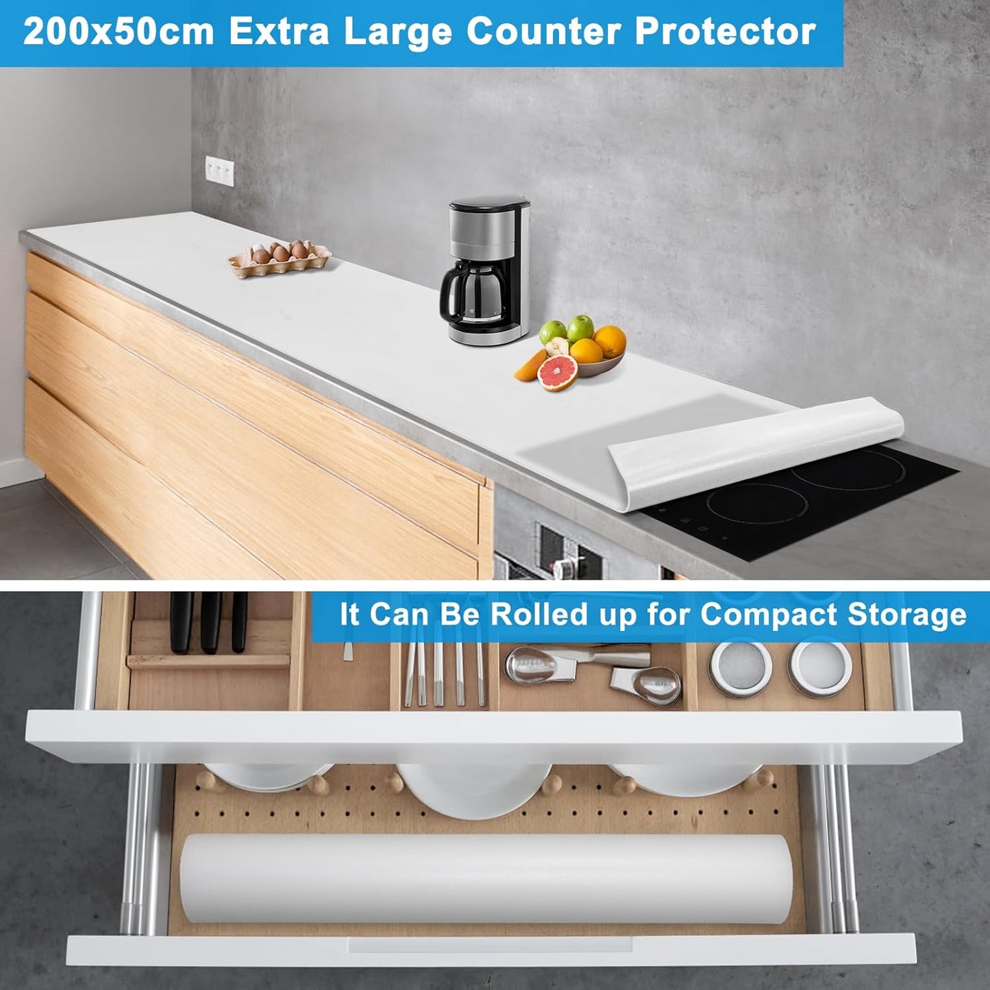 AECHY Extra Large Silicone Mat 78.74”x19.69”x0.08”, Multipurpose Silicone Mat Thick Heat Resistant Mat Shipped Rolled Up Kitchen Counter Mat Nonslip Silicone Mats for Kitchen Counter Translucent