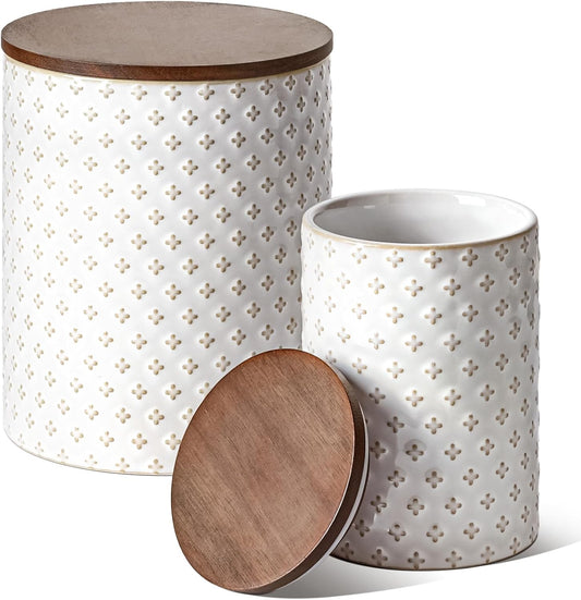 LE TAUCI Food Storage Containers with Airtight Lids, 78/25 oz Ceramic Sugar Canisters Sets, Embossed Large Jars for Pasta, Oats, Coffee Bean, Cookies, Rice, Grains, Tea - Set of 2, Clover