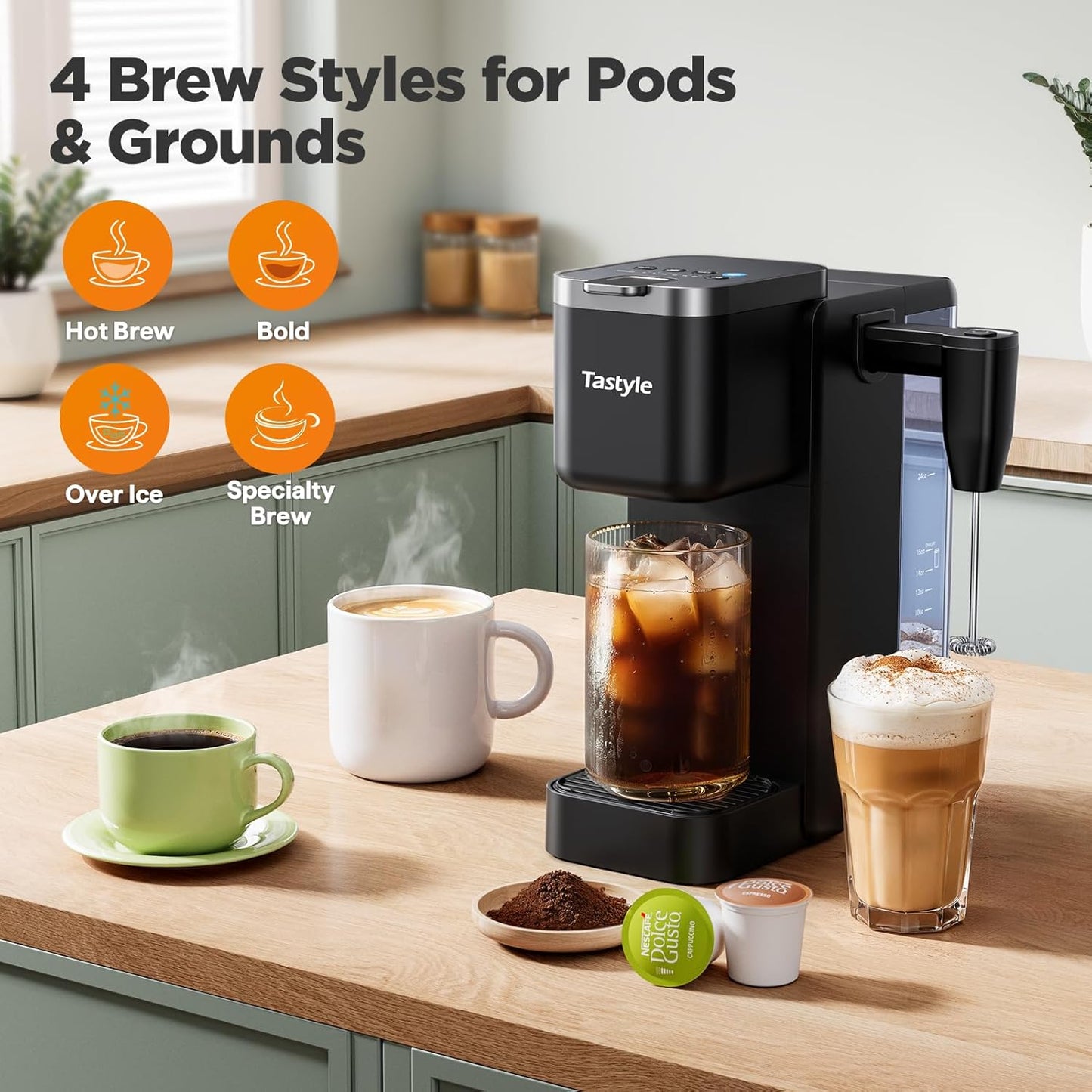 Single Serve Coffee Maker with Built-in Detachable Milk Frother, Iced and Hot Coffee Machine for K Cup & Grounds, 40oz Removable Water Reservoir, 6 Cup Sizes, Fits 7.3" Travel Mug, Black