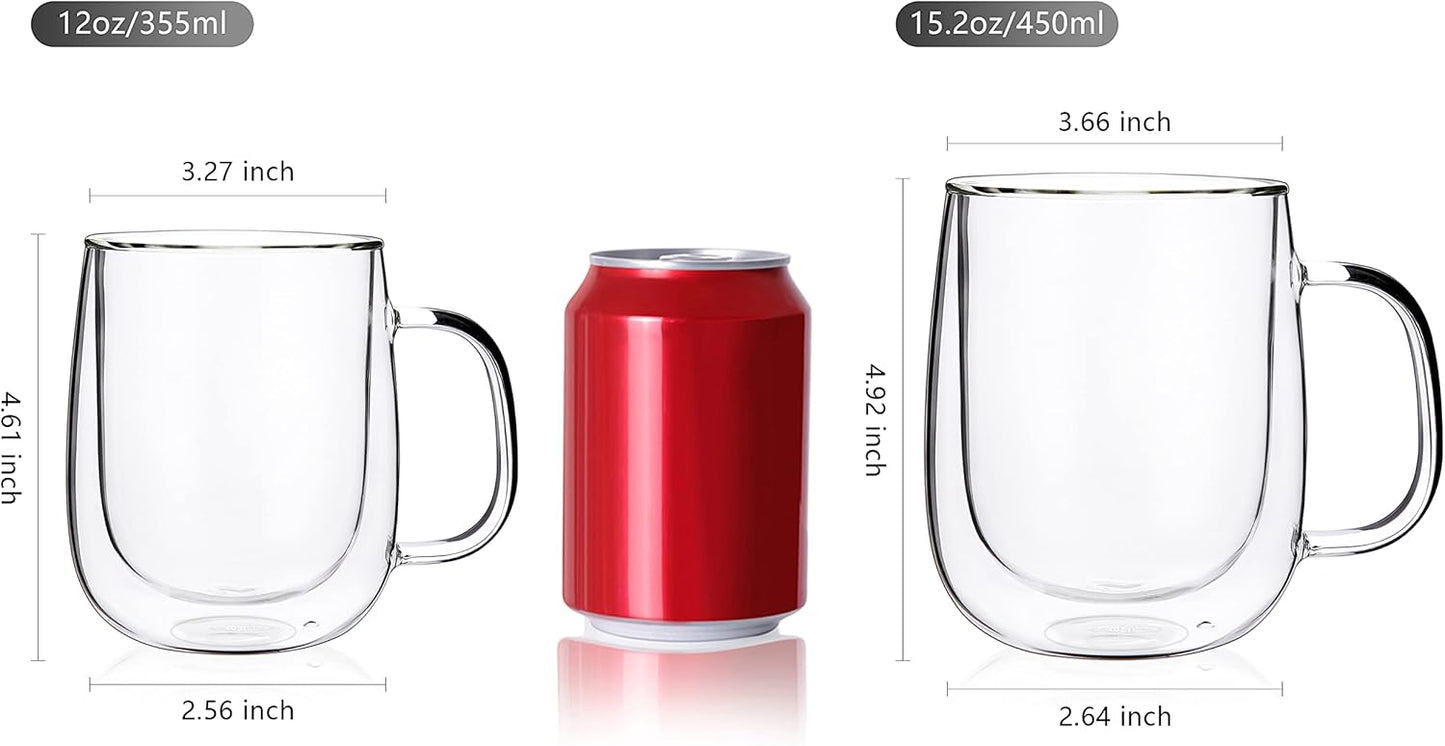 CNGLASS Large Double Wall Glass Coffee Mug 15.2oz,Clear Insulated Glass Espresso Cup with Big Handle,Clear Glass Espresso Mugs for Latte,Cappuccino,Tea Bag,Hot and Cold Beverages,set of 4