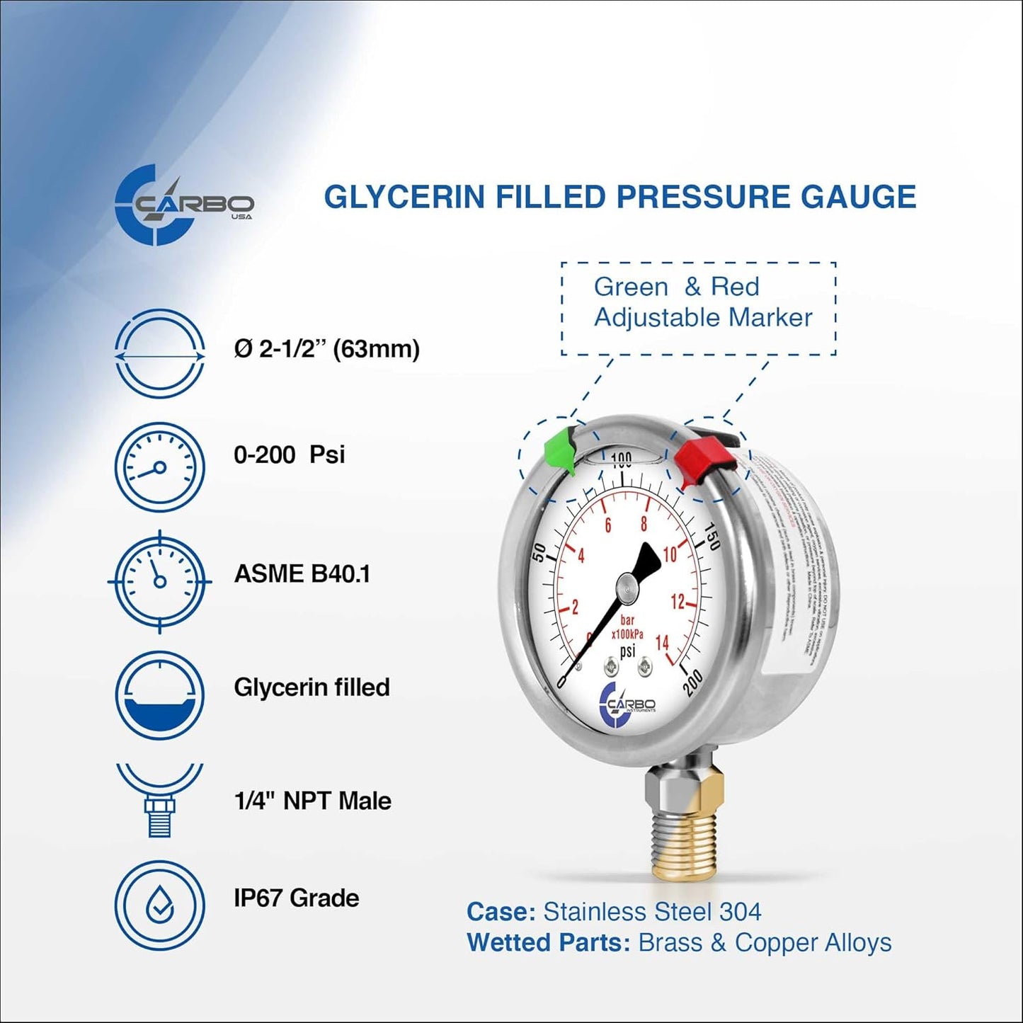 Stainless Steel Pressure Gauge Dual Display (0-200 psi/kPa) - 2 1-2" Glycerine Liquid Filled Water Air Oil Gas Gauge with Polycarbonate Lens & Brass Connection - 1/4" NPT Lower Mount