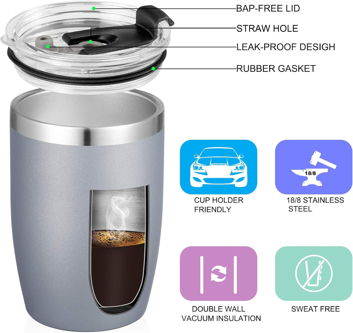 VEGOND Stainless Steel 12 oz Tumblers bulk Vacuum Insulated Double Wall Travel Tumbler with Lid and Straw Reusable Tumbler,Grey 12 pack