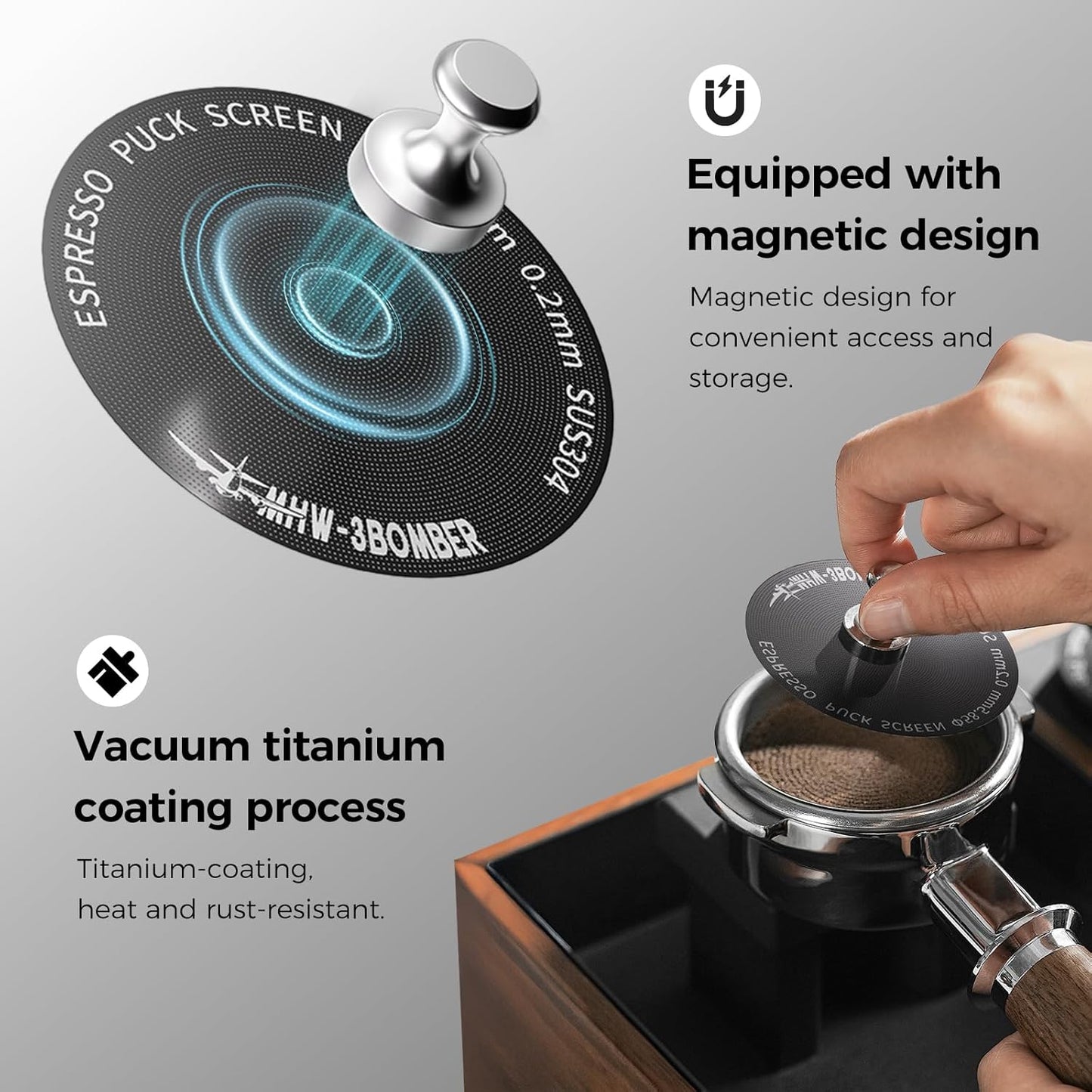 MHW-3BOMBER 58mm Espresso Puck Screen - 0.2mm Ultra Thin Espresso Puck - Metal Reusable Coffee Filter for Portafilter Basket 58mm - Puck Screen with Stand 3 Pack FG7052-OS