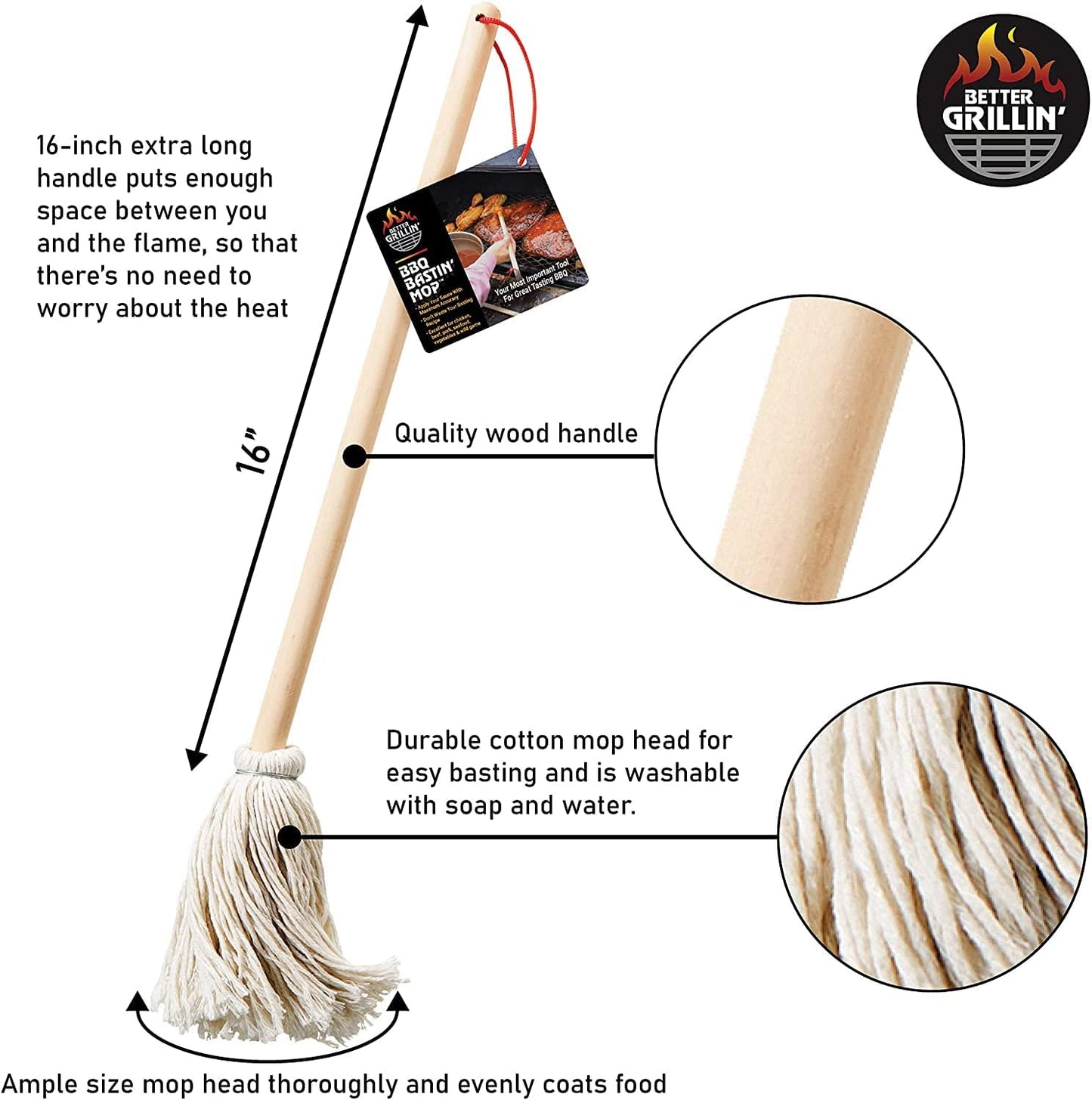Better Grillin BBQ Bastin Mop Basting Barbecue Brush/Mop Easily Applies Marinades, Sauces, Washes Out, 16in Handle, 1pk