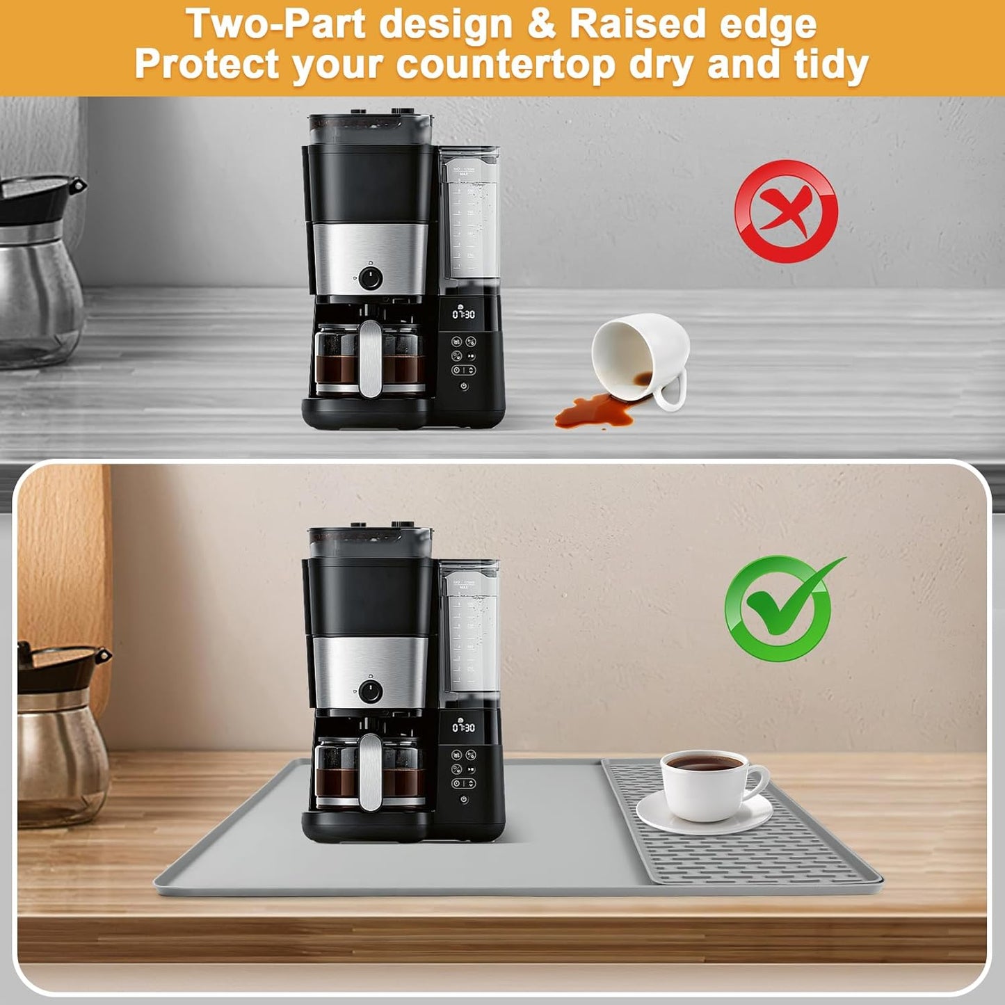 Silicone Coffee mat 24''x16'' – Non-Slip Bar Mat with Detachable Drying Layer for Espresso Machines, Countertops & Dish Racks-Gray