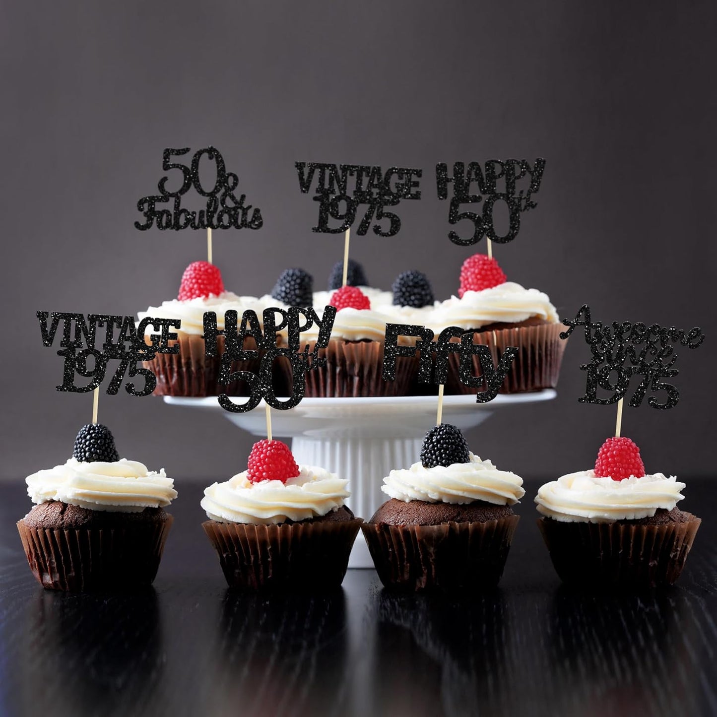 Gyufise 30Pcs Vintage 1975 Cupcake Toppers 50th Birthday Cake Decorations Cheers to 50 Fabulous Fifty Cupcake Picks 50th Birthday Wedding Anniversary Party Cake Decorations Supplies Black