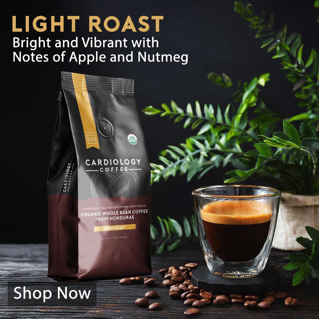 Cardiology Coffee – Whole Bean Coffee – USDA Certified Mold-Free 12oz Premium Light Roast Organic Coffee Beans with Antioxidant Benefits – Perfect for Heart Healthy Lifestyle