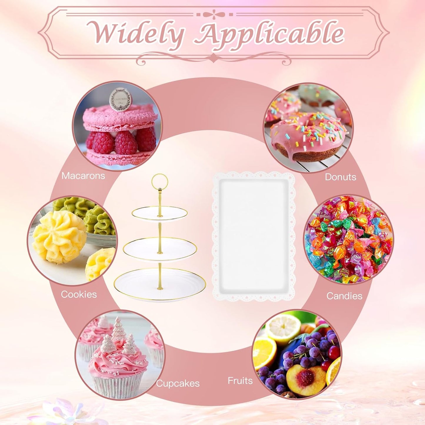 PinCute 5 Pcs Dessert Table Display Set - 2 X Cupcake Stand Holder/Cup Cake Tier Tower & 3 X Serving Tray Combo for Tea Party, Birthday, Baby Shower (Round)