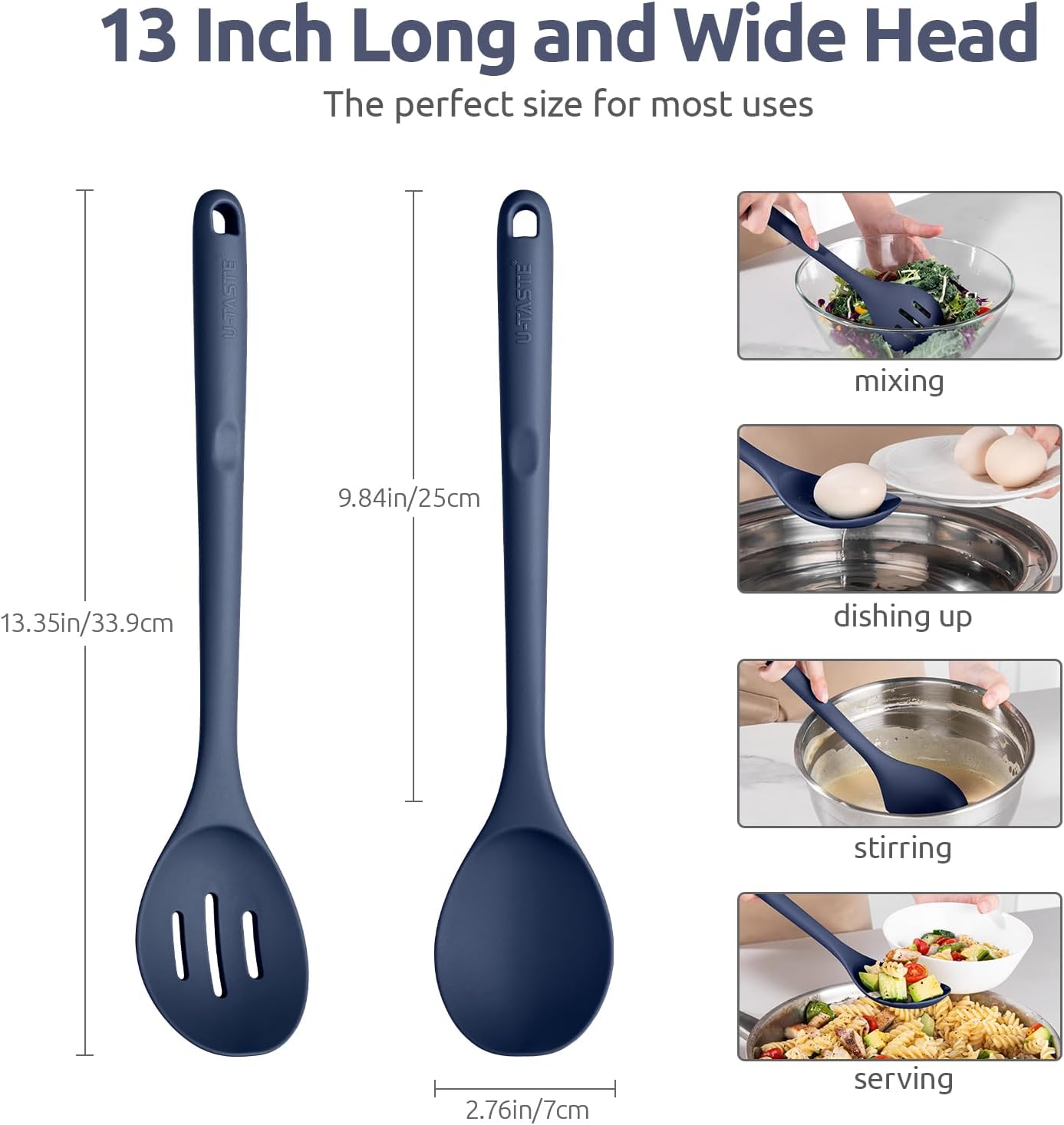 600ºF Heat Resistant Silicone Spoons: U-Taste 13.3in Solid & Slotted Kitchen Cooking Spoon, Nonstick Long Rubber Utensil, Sturdy for Mixing, Serving, Stirring, Draining (Midnight Blue, 2PCS)