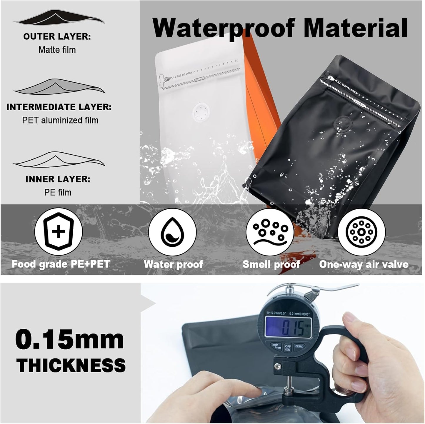 Coffee Bags with Valve(60pcs,8 oz,1/2 lb) Vented Coffee Beans Packaging Bags High Barrier Aluminumed Foil Flat Bottom Heat Sealed Side Zipper Resealable Storage Bag for Home or Business（White+Orange）
