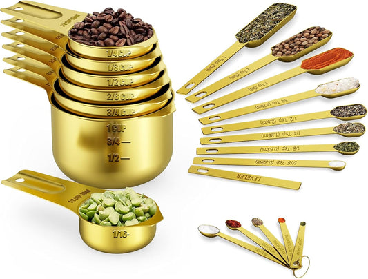Wildone Gold Measuring Cups & Spoons Set of 21 - Includes 7 Stainless Steel Nesting Measuring Cups, 8 Measuring Spoons, 1 Leveler & 6 Mini Measuring Spoons, Ideal for Dry & Liquid Ingredients